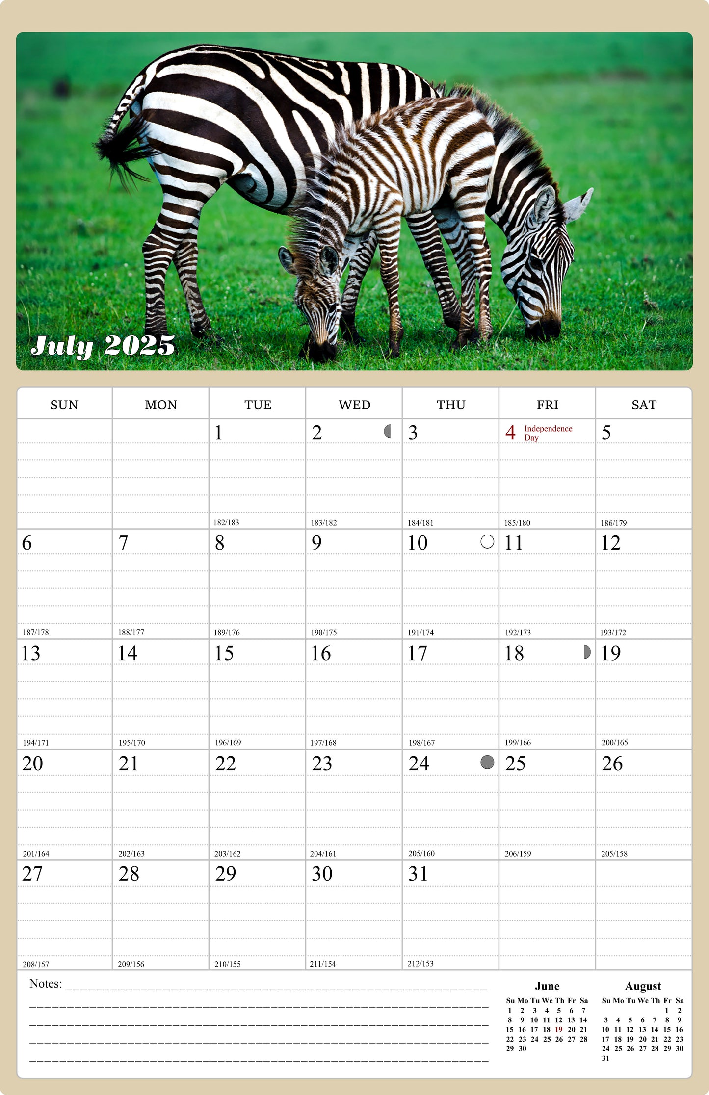 2025 - 2026 Wall Calendar Spiral-bound Twin-Wire Binding - 18 Months Planner - Large Ruled Blocks with Julian Dates - (Baby Animals)