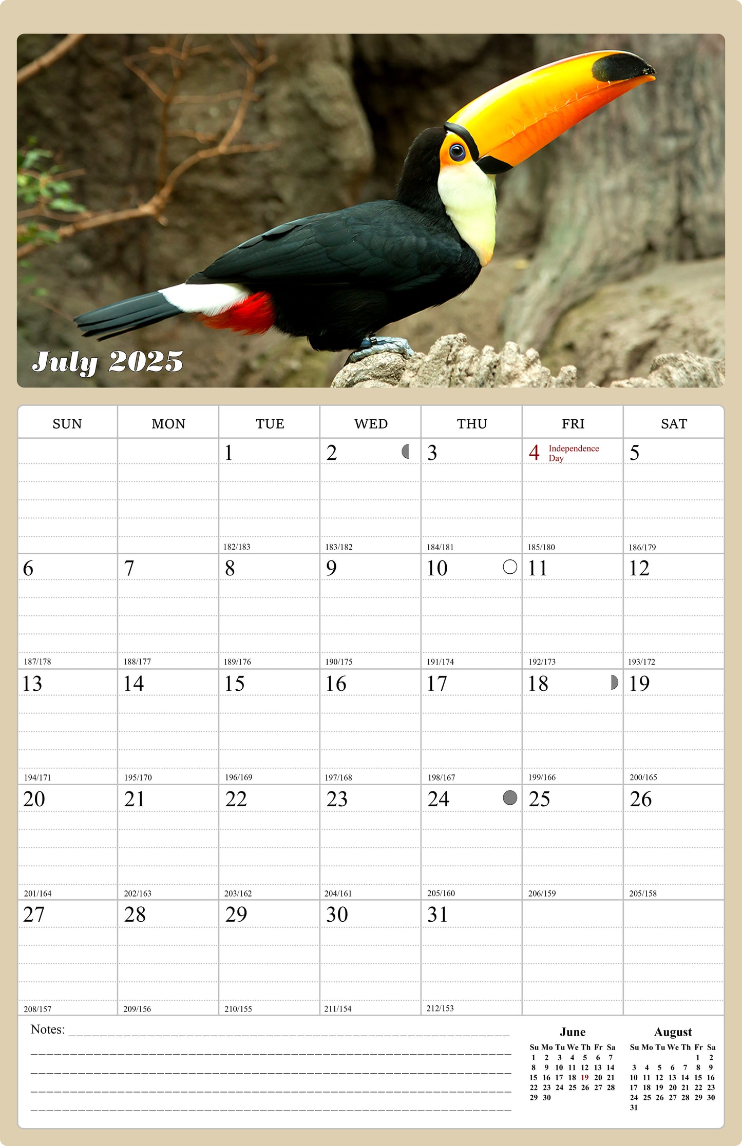 2025 - 2026 Wall Calendar Spiral-bound Twin-Wire Binding - 18 Months Planner - Large Ruled Blocks with Julian Dates - (Birds)