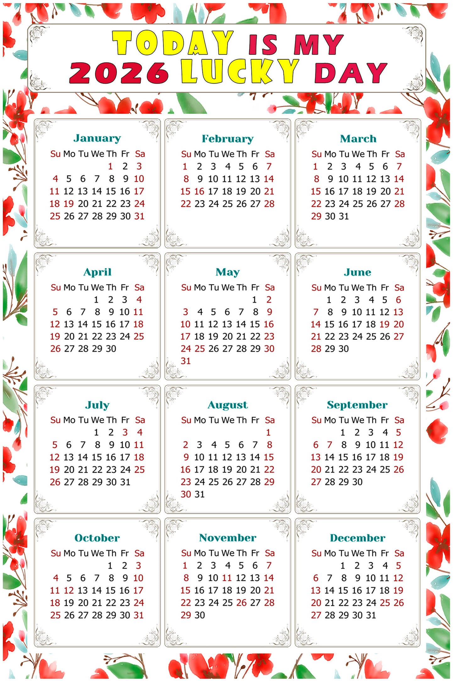 2026 Peel & Stick Calendar - Today is my Lucky Day Removable - 020