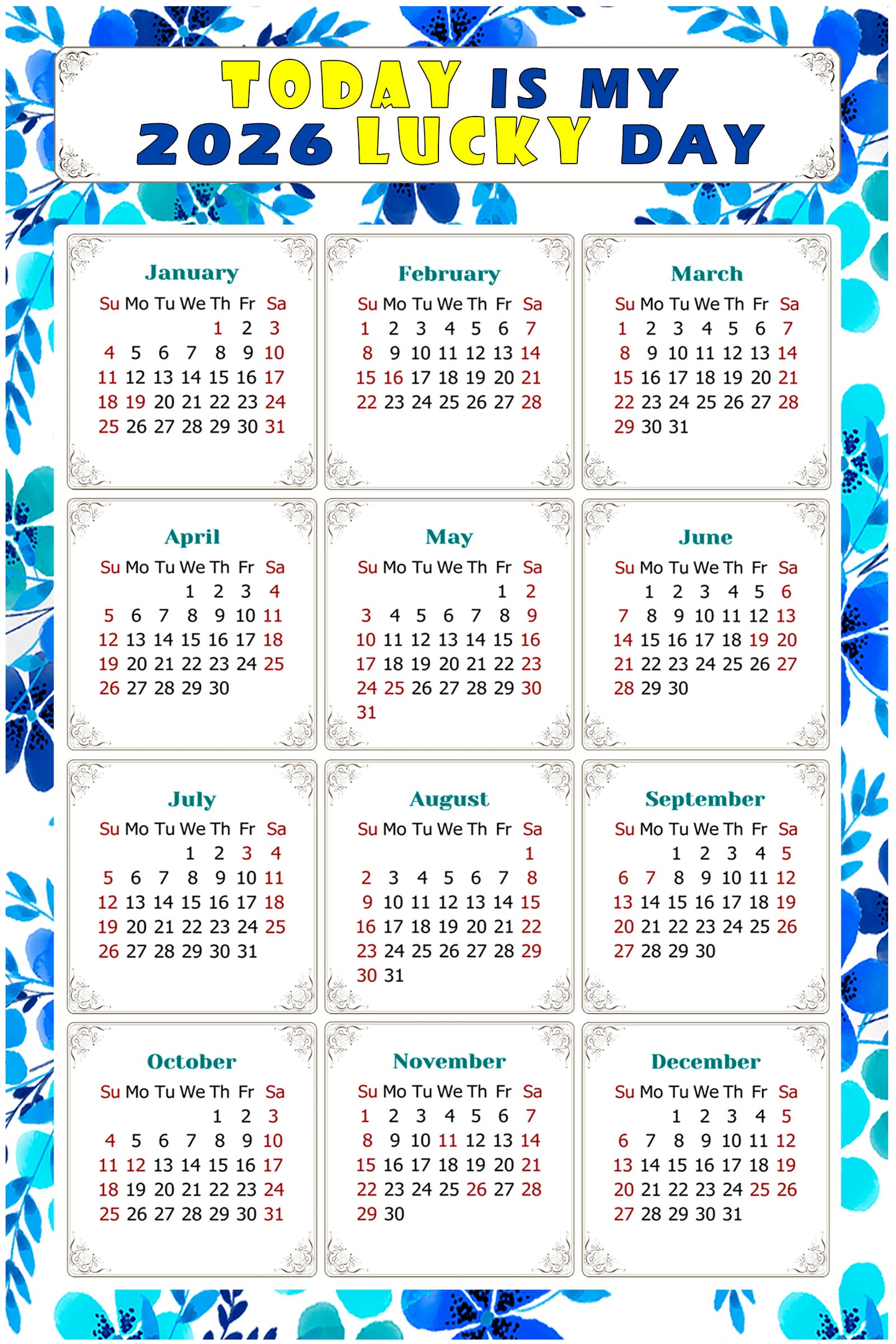 2026 Magnetic Calendar - Calendar Magnets - Today is my Lucky Day - (Fade, Tear, and Water Resistant) - Themed 012