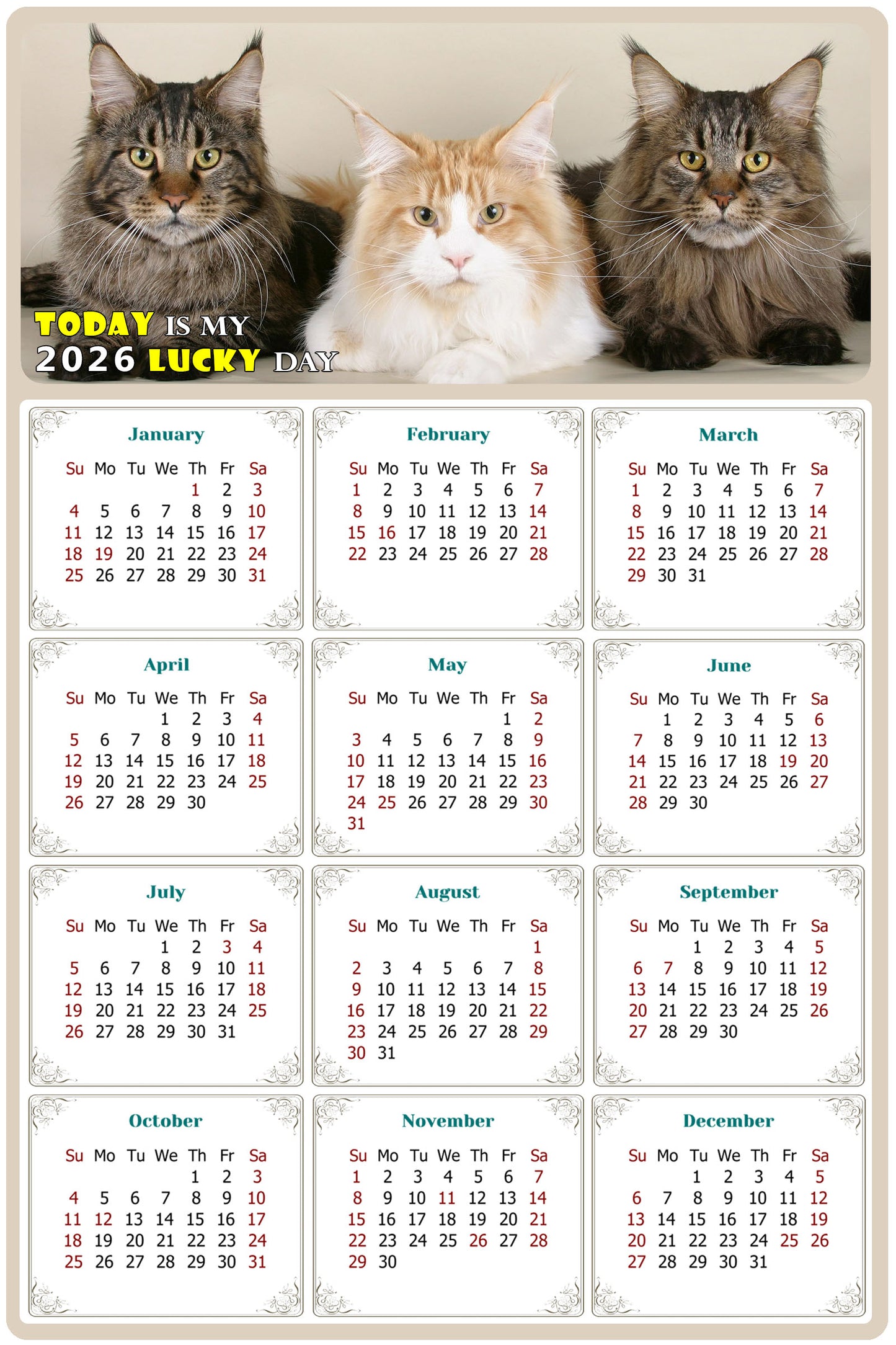 2026 Peel & Stick Calendar - Today is my Lucky Day Removable - Cat 015 (12"x 8")