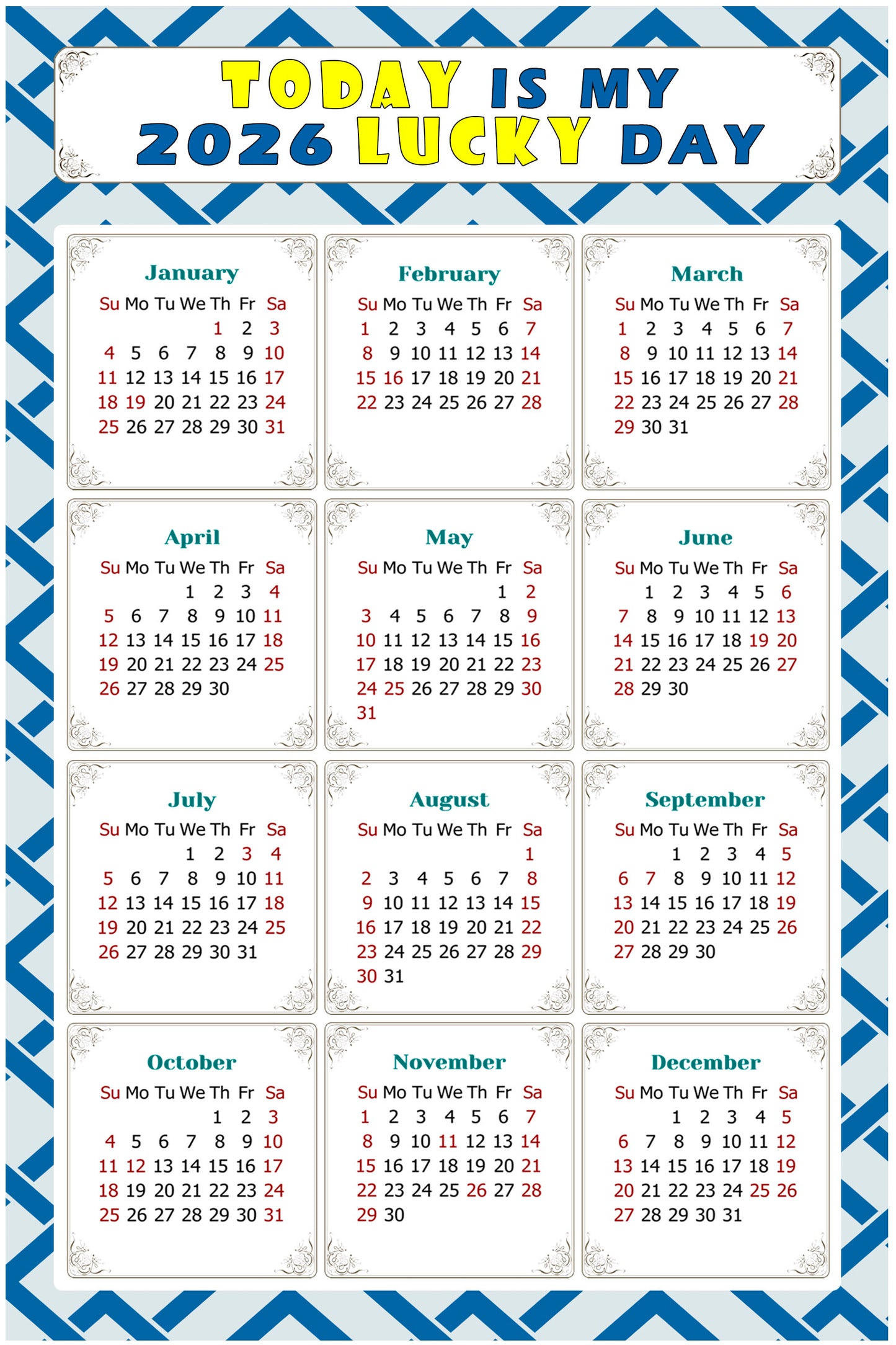 2026 Magnetic Calendar - Calendar Magnets - Today is my Lucky Day - (Fade, Tear, and Water Resistant) - Themed 035
