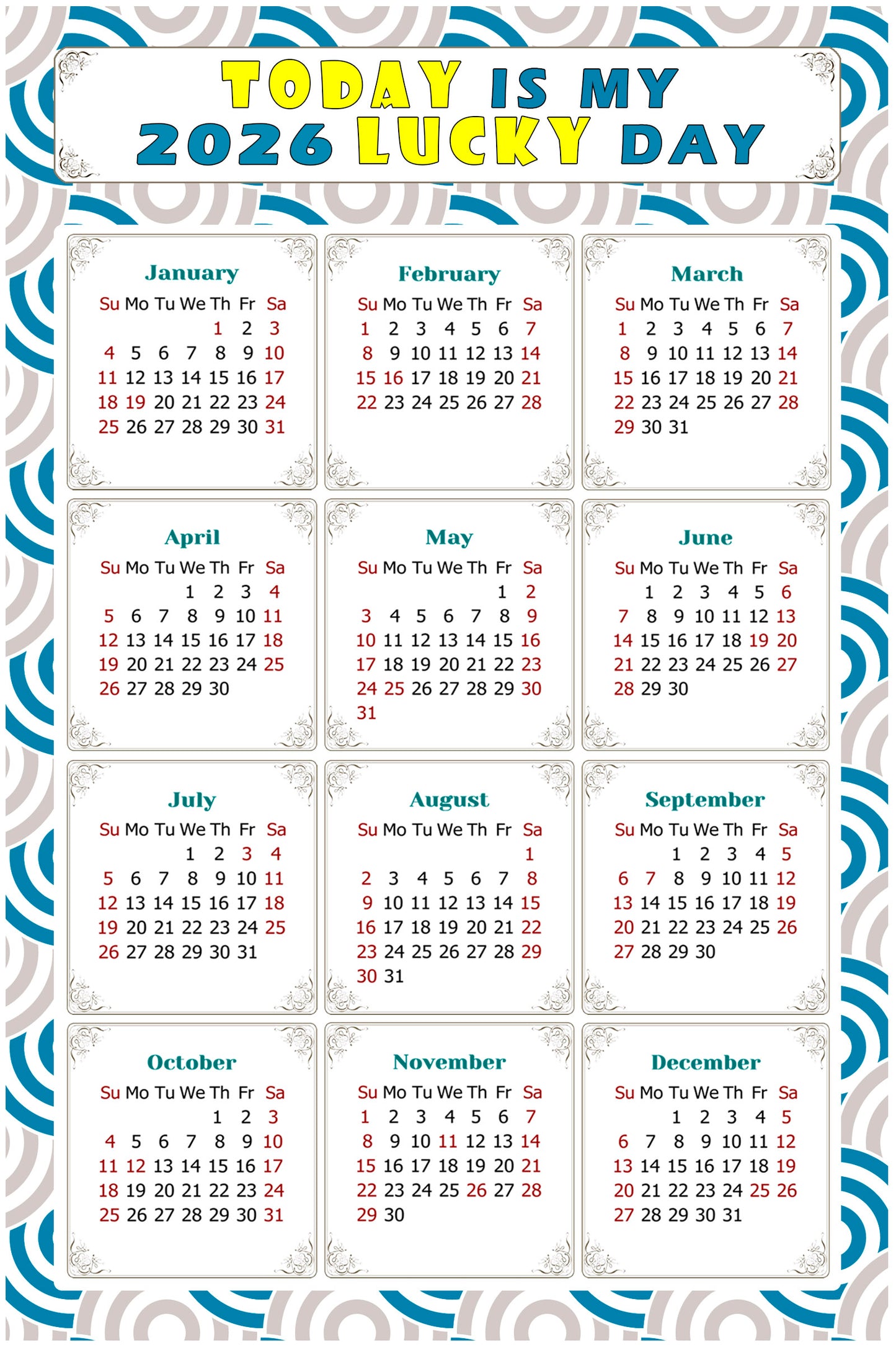 2026 Magnetic Calendar - Calendar Magnets - Today is my Lucky Day - (Fade, Tear, and Water Resistant) - Themed 033