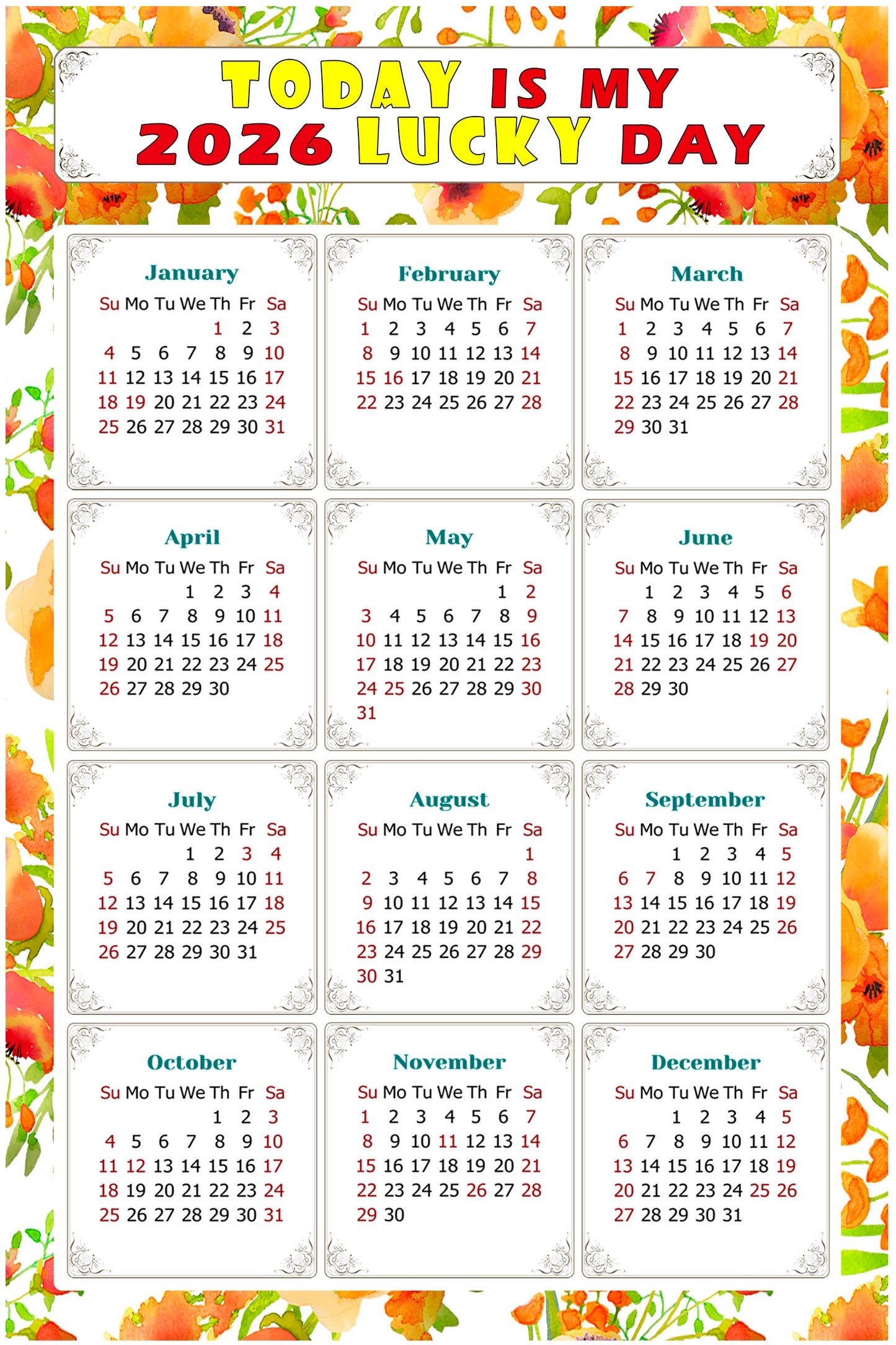 2026 Magnetic Calendar - Calendar Magnets - Today is my Lucky Day - (Fade, Tear, and Water Resistant) - Themed 021