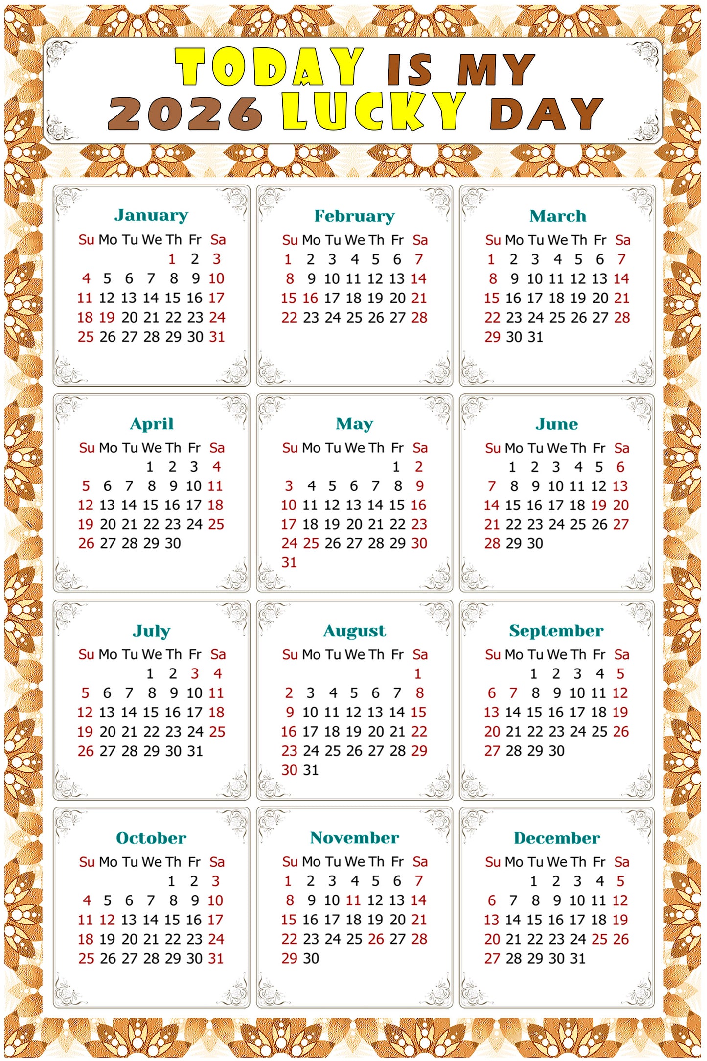 2026 Magnetic Calendar - Calendar Magnets - Today is my Lucky Day - (Fade, Tear, and Water Resistant) - Themed 042