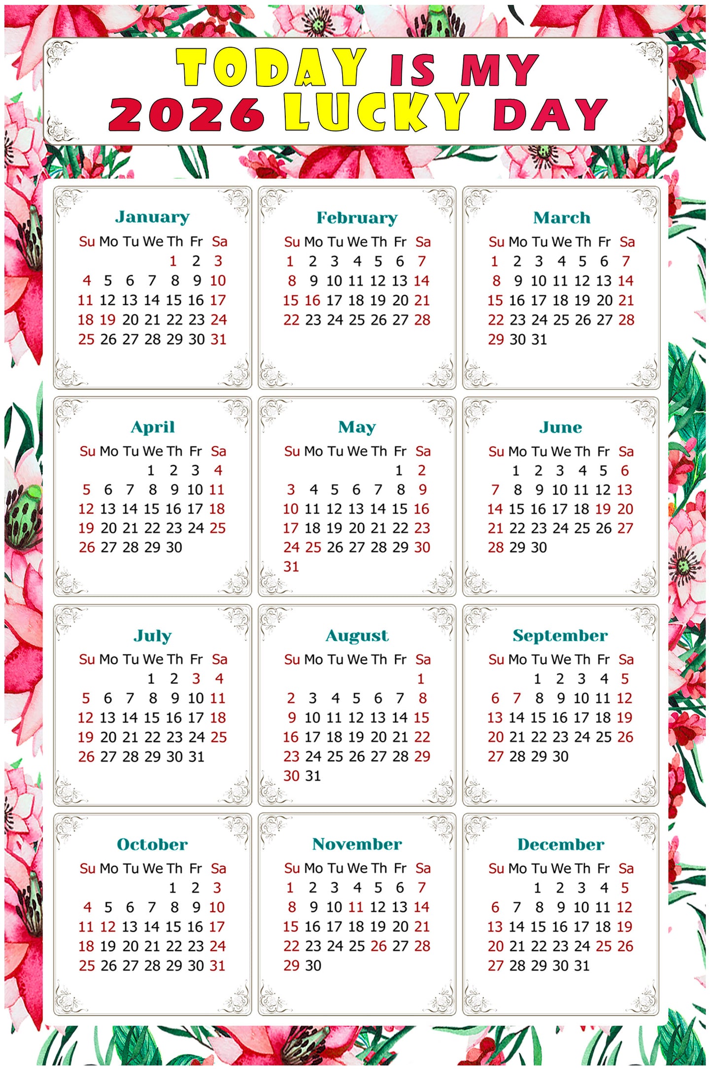 2026 Magnetic Calendar - Calendar Magnets - Today is my Lucky Day - (Fade, Tear, and Water Resistant) - Themed 018