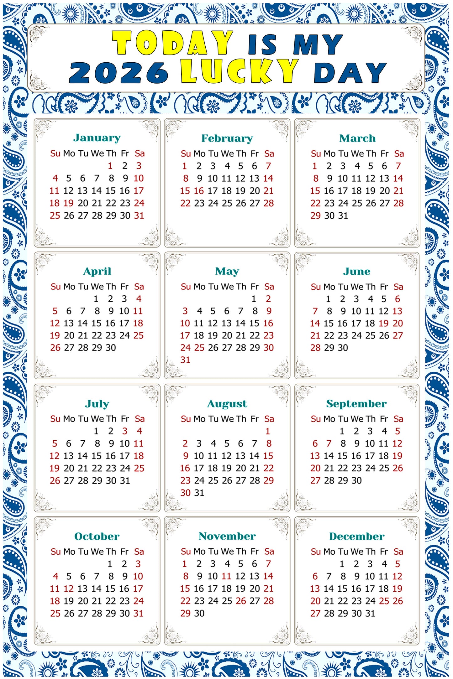2026 Magnetic Calendar - Calendar Magnets - Today is my Lucky Day - (Fade, Tear, and Water Resistant) - Themed 044
