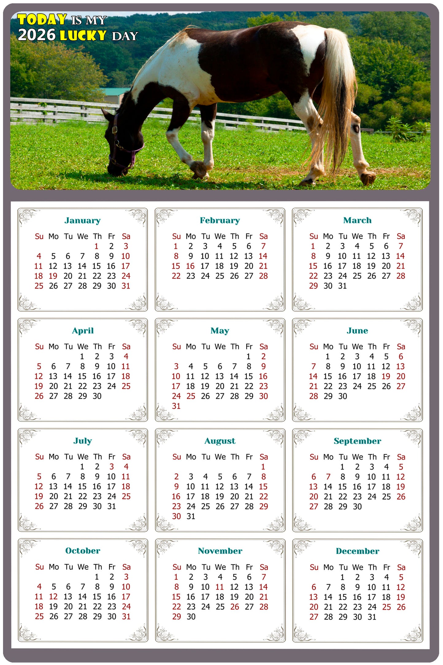 2026 Peel & Stick Calendar - Today is my Lucky Day Removable - Horses 020 (9"x 6")