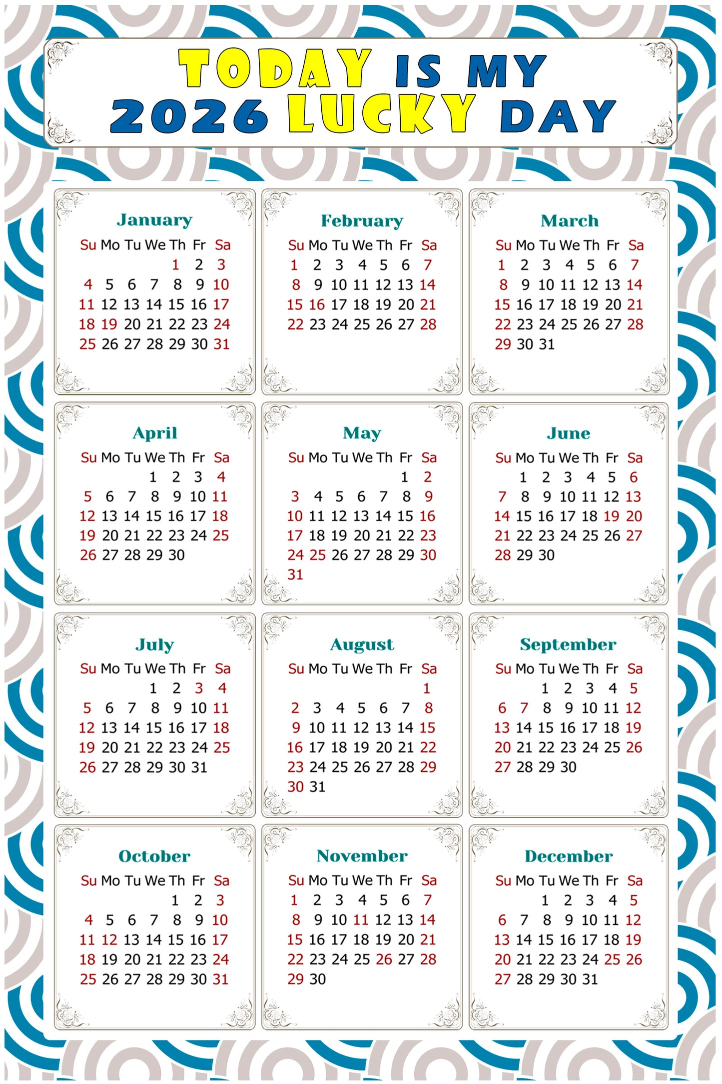 2026 Magnetic Calendar - Calendar Magnets - Today is my Lucky Day - (Fade, Tear, and Water Resistant) - Themed 036