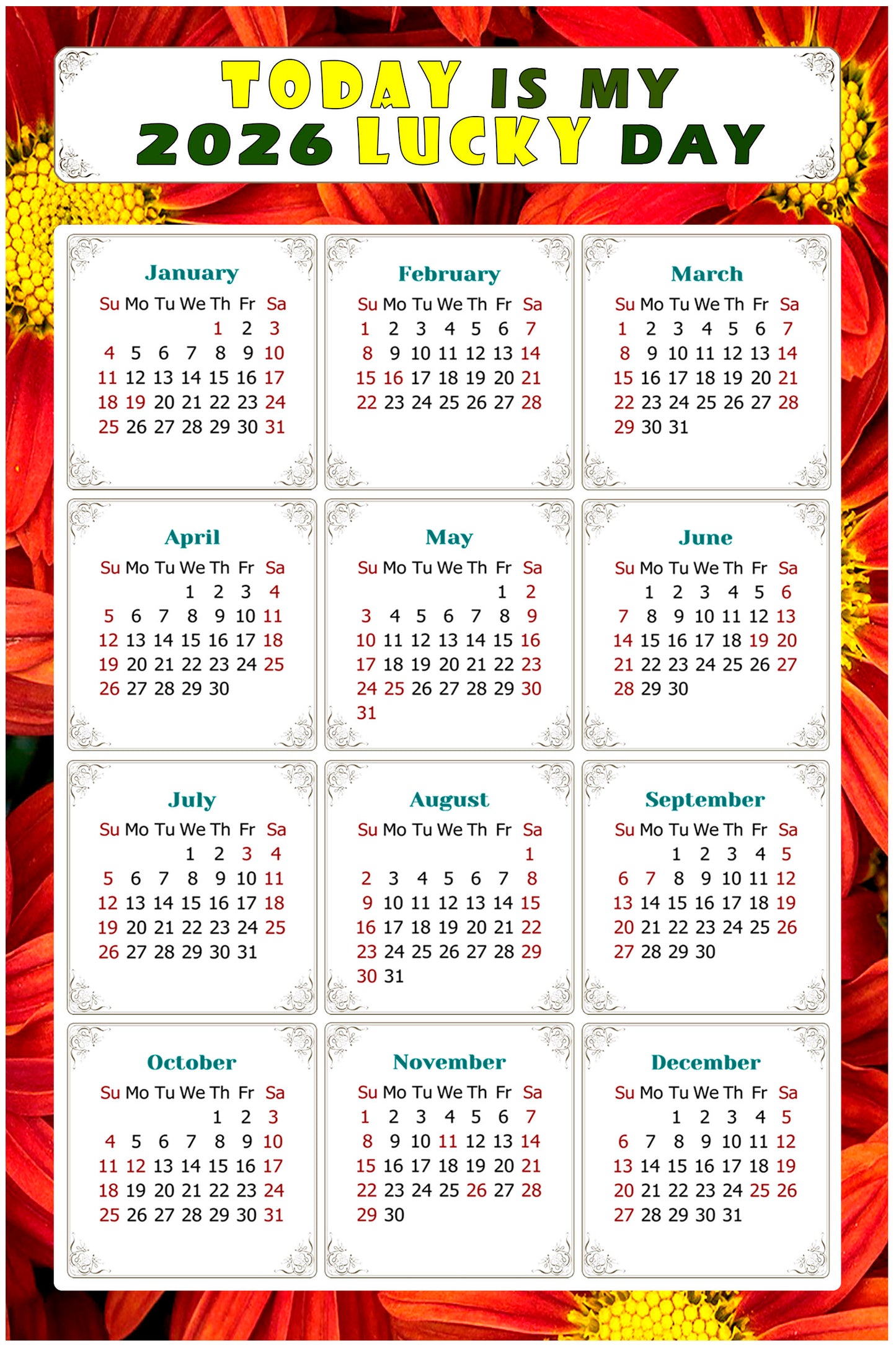 2026 Magnetic Calendar - Calendar Magnets - Today is my Lucky Day - (Fade, Tear, and Water Resistant) - Themed 031