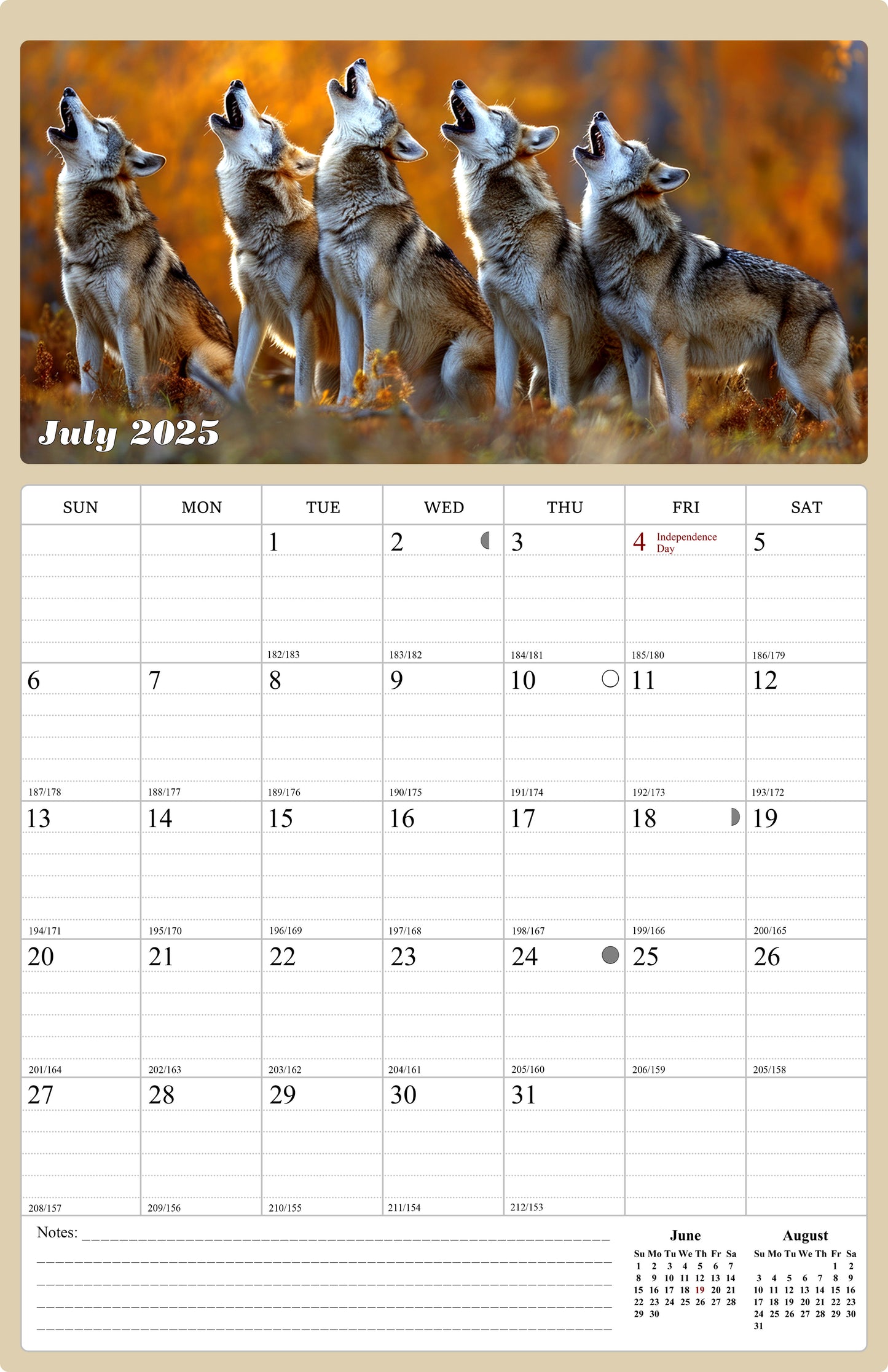 2025-2026 Wall Calendar Spiral-bound Twin-Wire Binding - 18 Months Planner - Large Ruled Blocks with Julian Dates - (Woolfs)