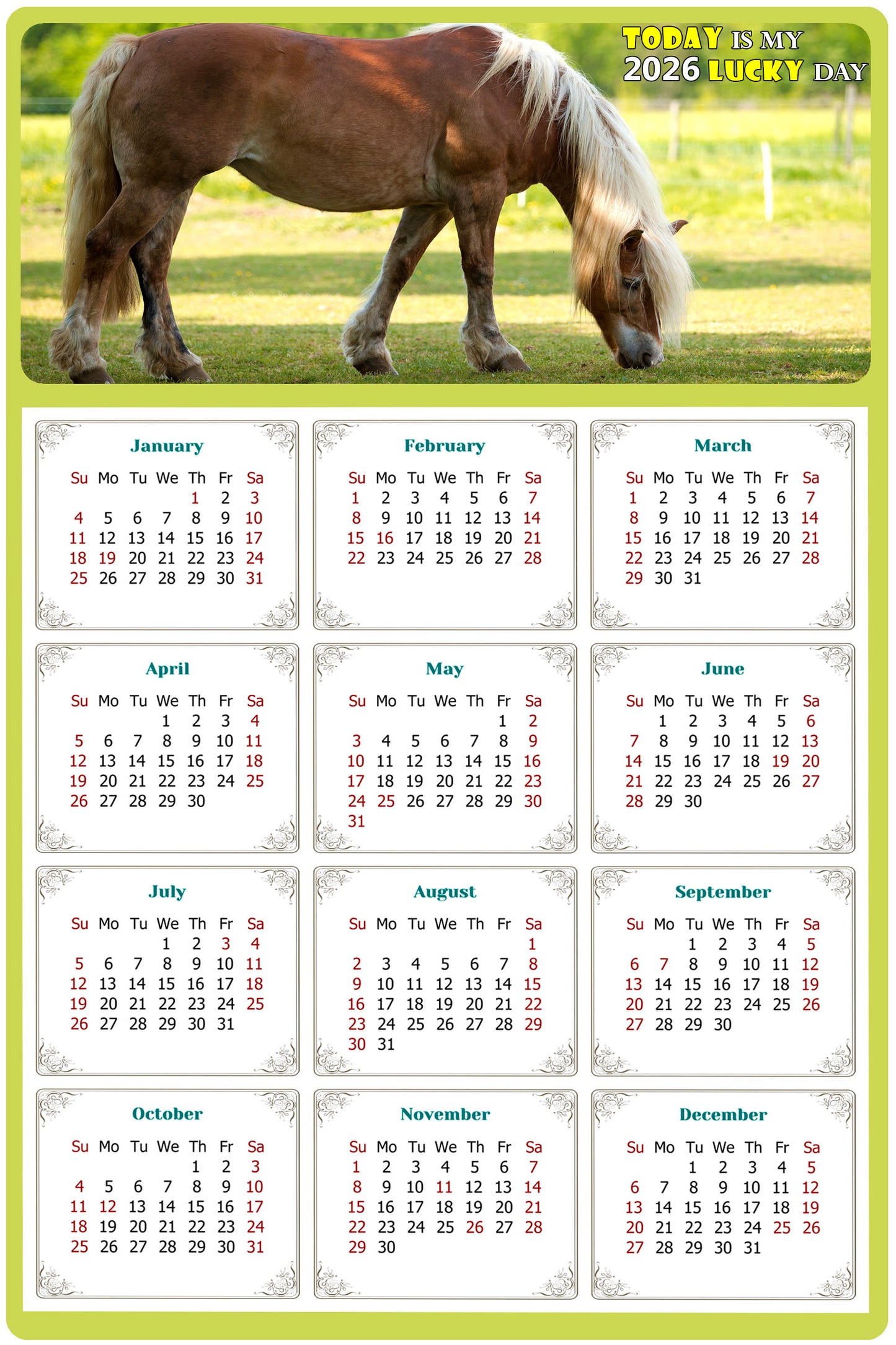 2026 Magnetic Calendar - Calendar Magnets - Today is my Lucky Day - (Fade, Tear, and Water Resistant) - Horses Themed 016