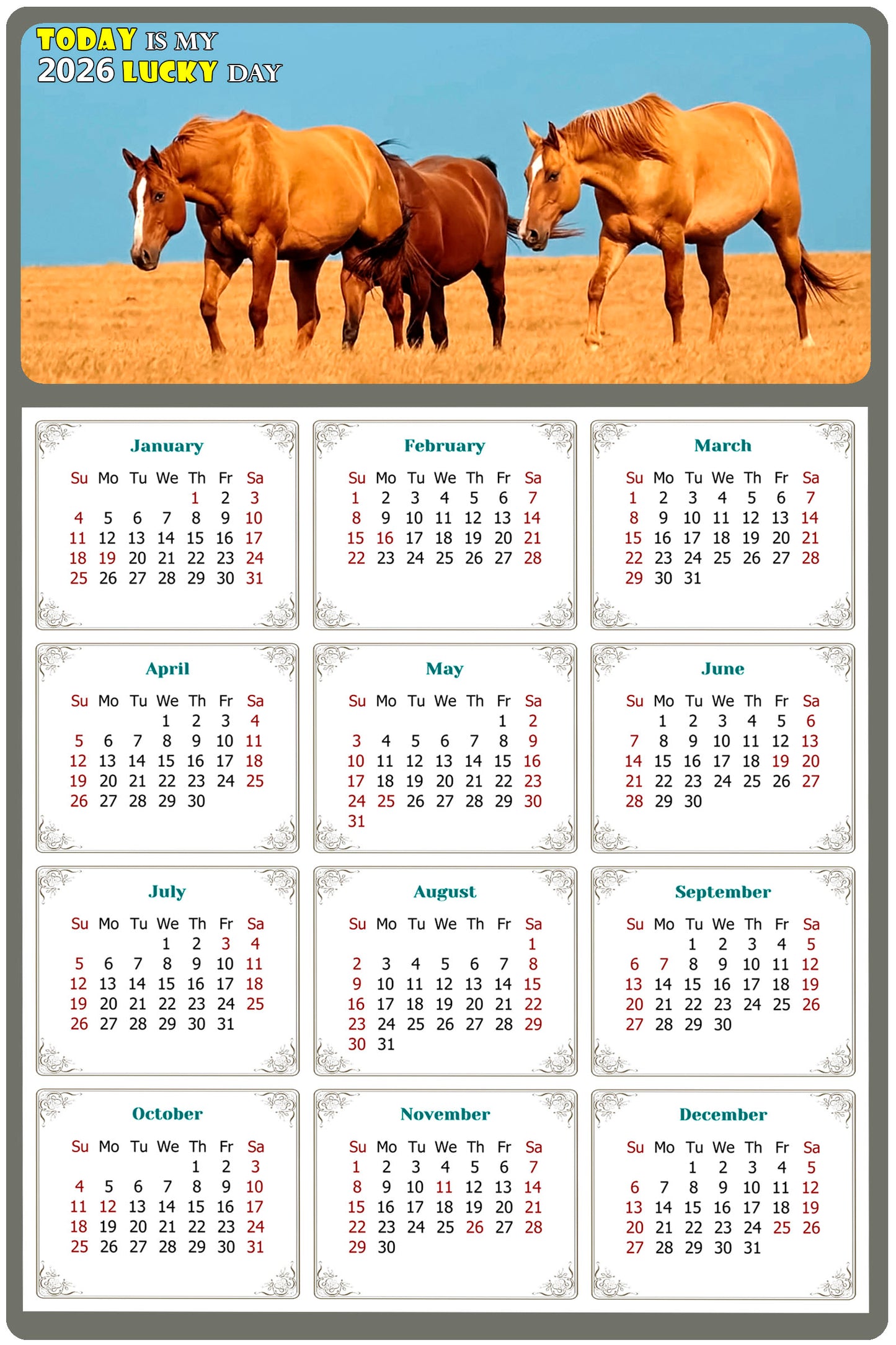 2026 Magnetic Calendar - Calendar Magnets - Today is my Lucky Day - (Fade, Tear, and Water Resistant) - Horses Themed 017