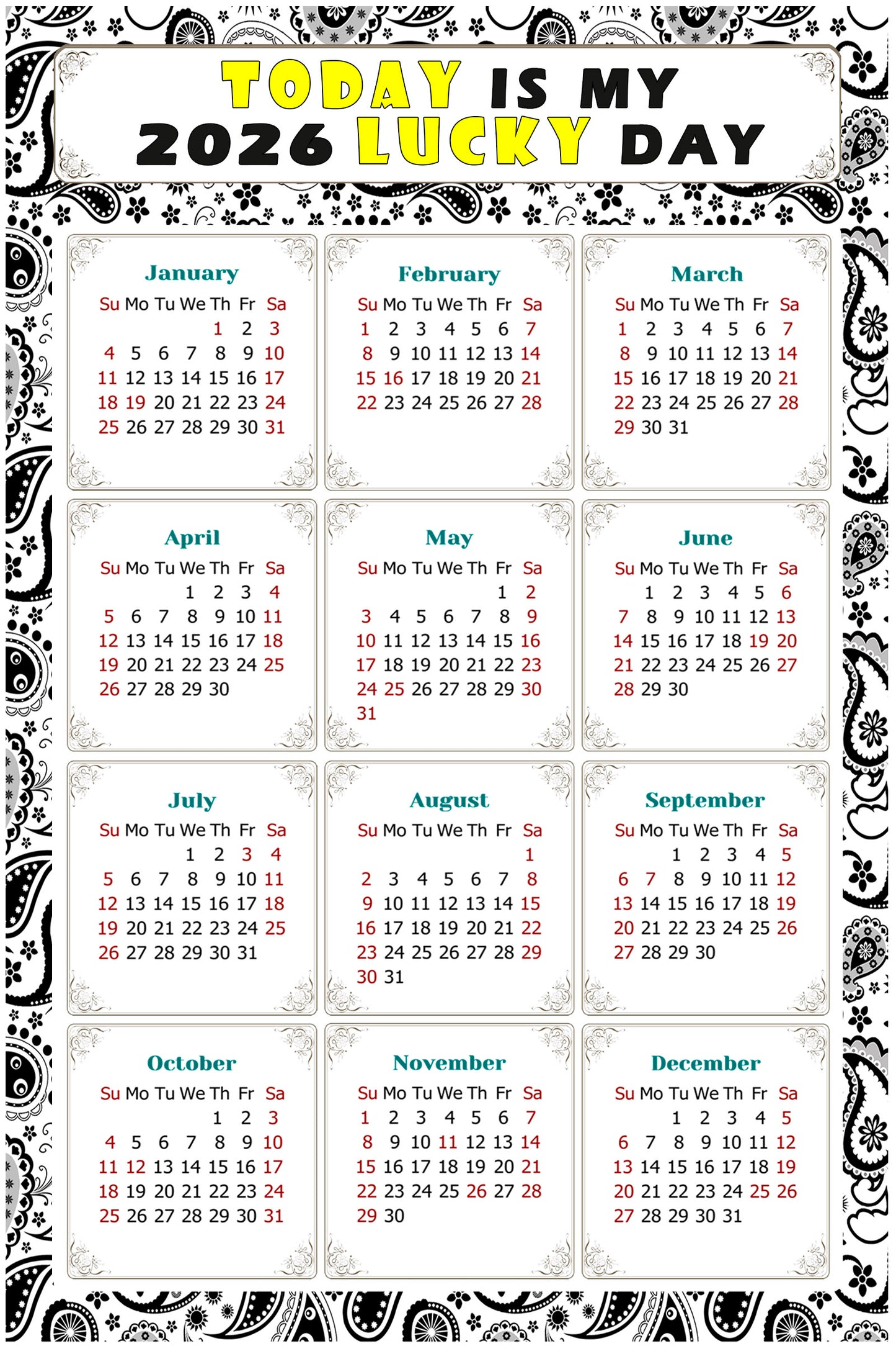 2026 Magnetic Calendar - Calendar Magnets - Today is my Lucky Day - (Fade, Tear, and Water Resistant) - Themed 040