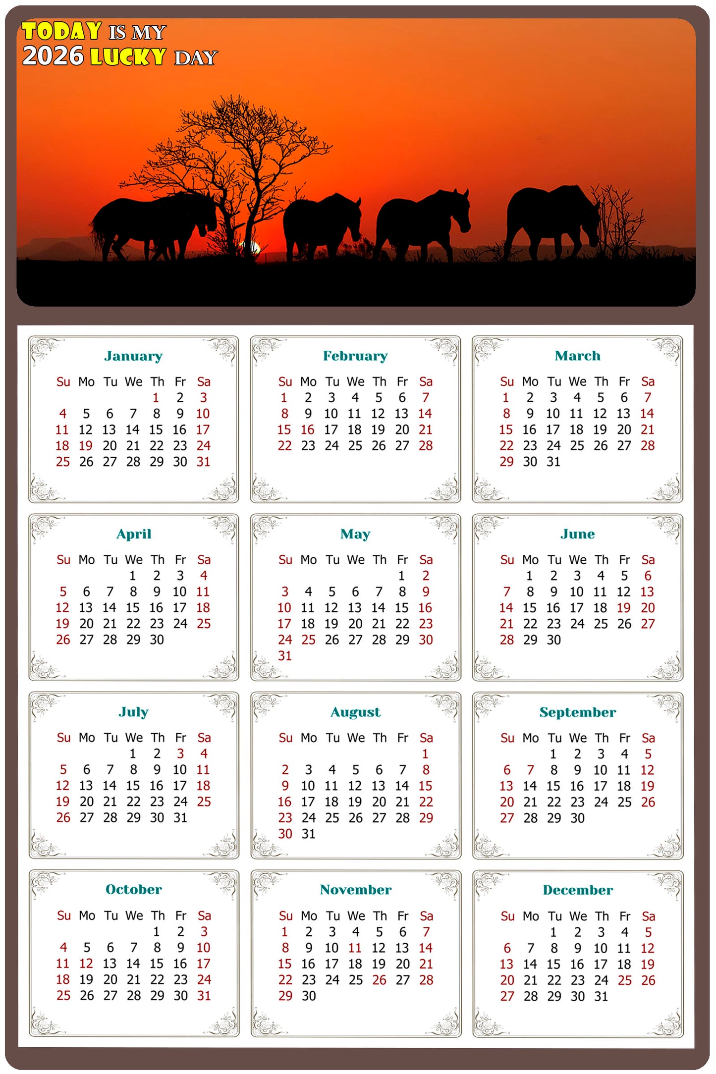 2026 Magnetic Calendar - Calendar Magnets - Today is my Lucky Day - (Fade, Tear, and Water Resistant) - Horses Themed 011