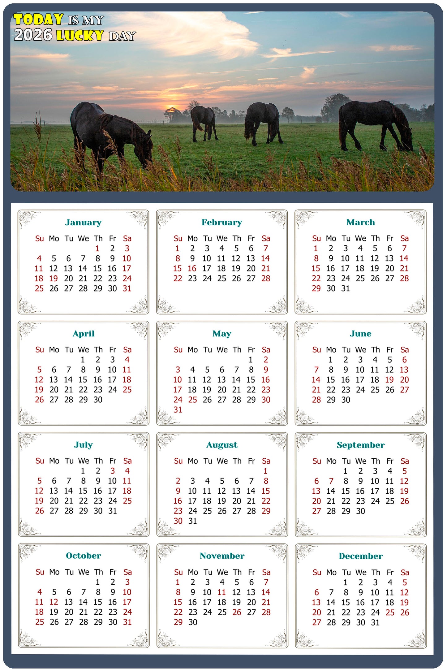 2026 Magnetic Calendar - Calendar Magnets - Today is my Lucky Day - (Fade, Tear, and Water Resistant) - Horses Themed 04