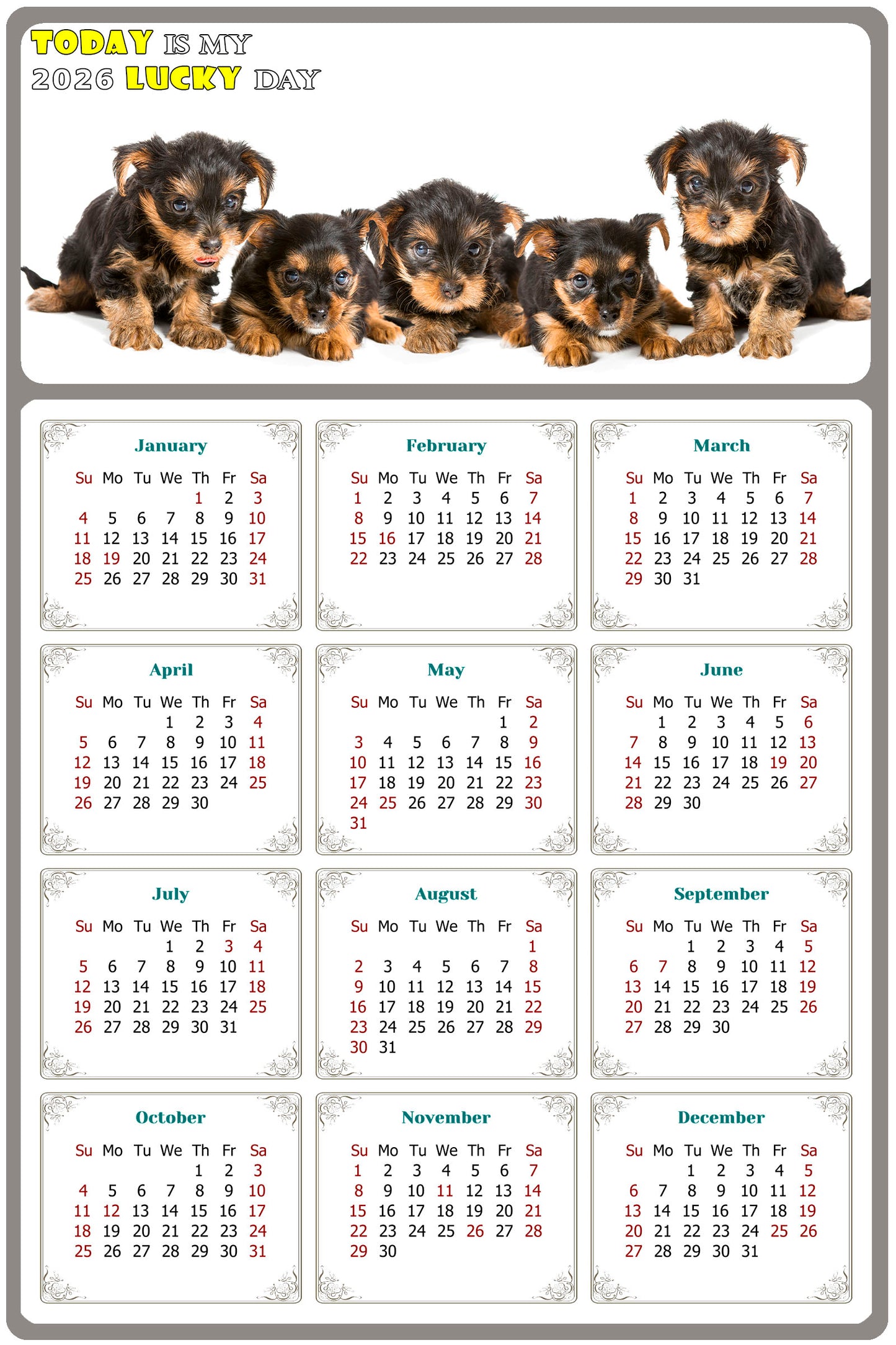 2026 Peel & Stick Calendar - Today is my Lucky Day Removable - Dogs 016 (9"x 6")
