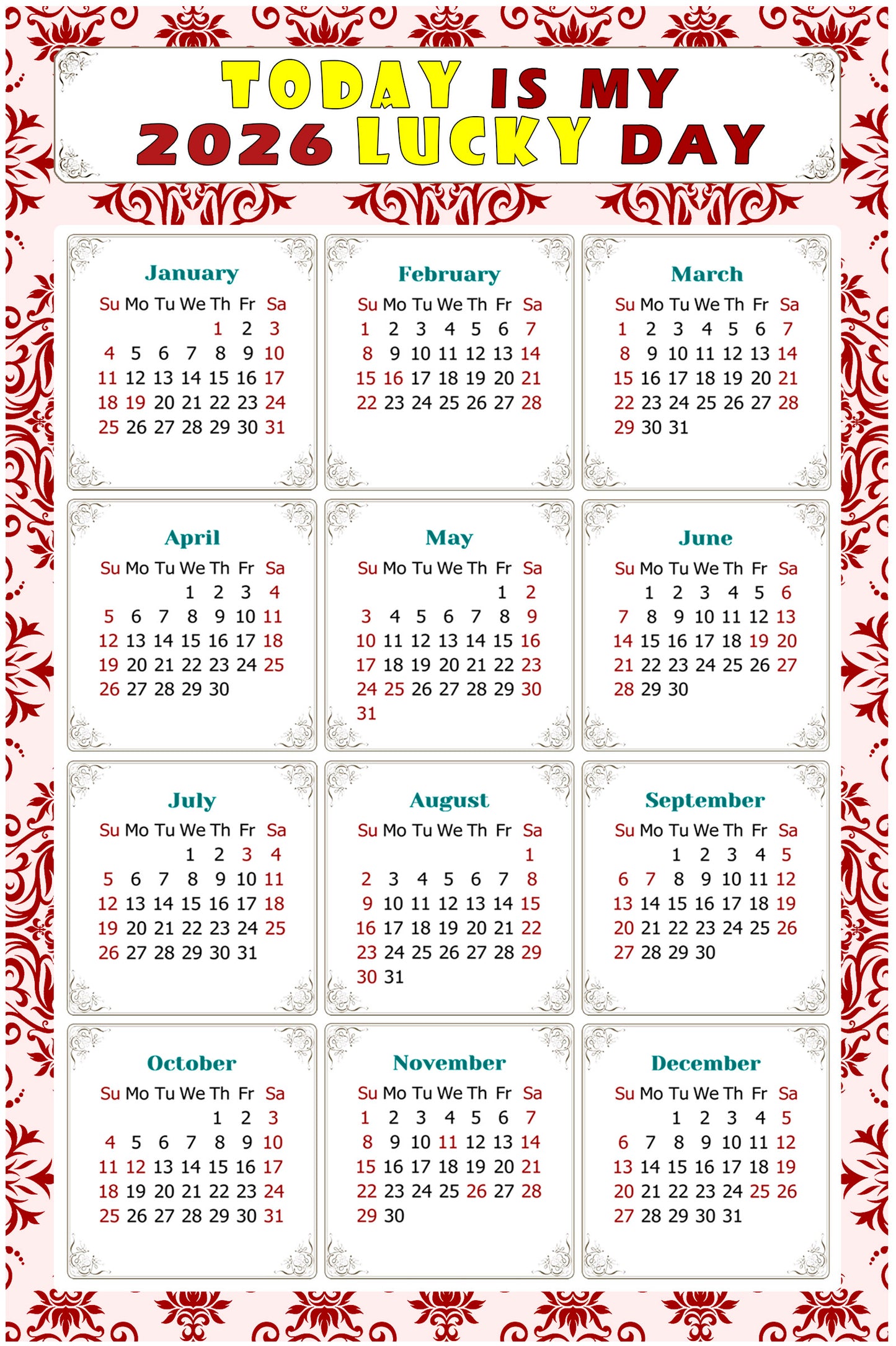 2026 Magnetic Calendar - Calendar Magnets - Today is my Lucky Day - (Fade, Tear, and Water Resistant) - Themed 03