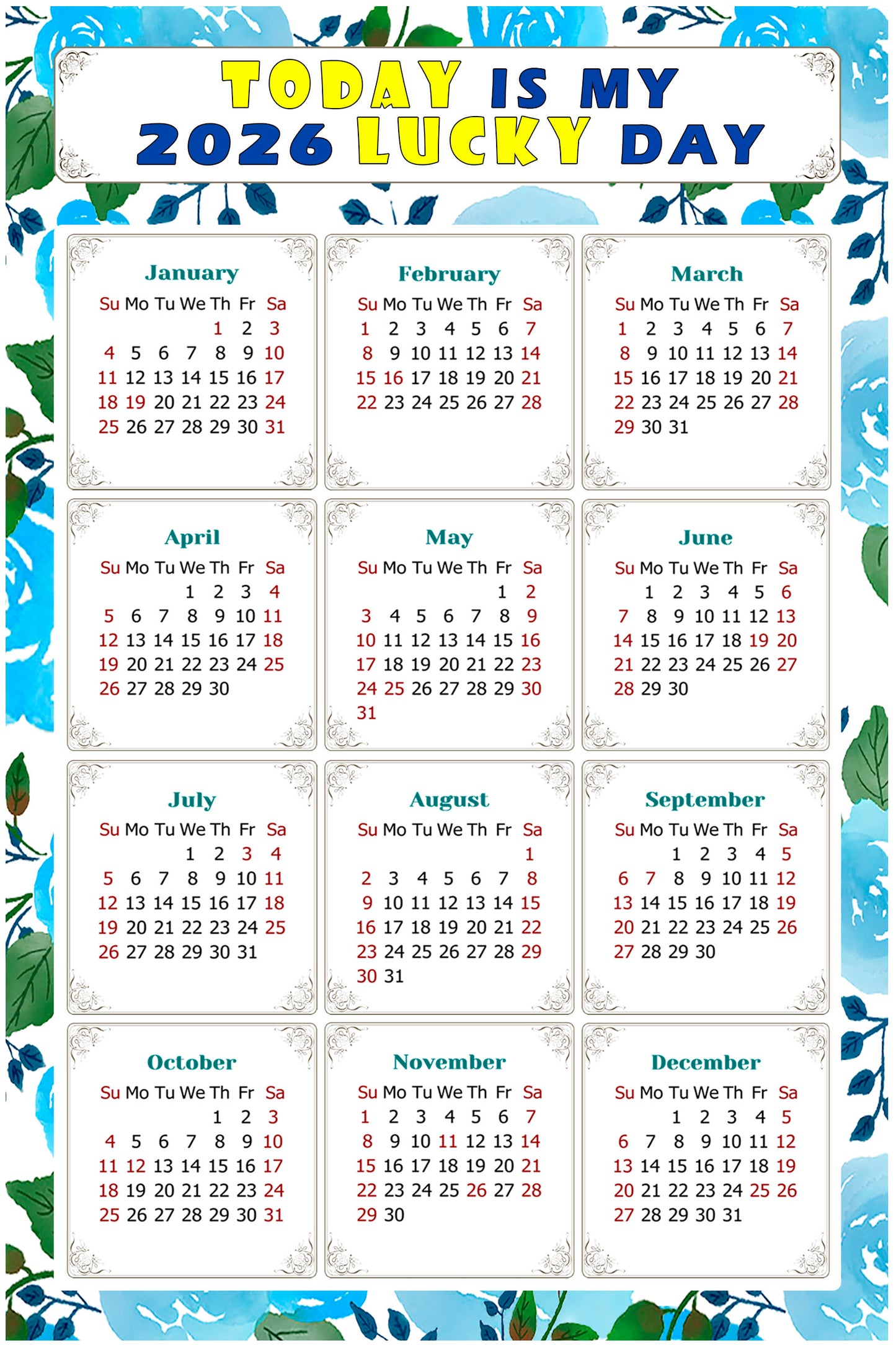 2026 Magnetic Calendar - Calendar Magnets - Today is my Lucky Day - (Fade, Tear, and Water Resistant) - Themed 013