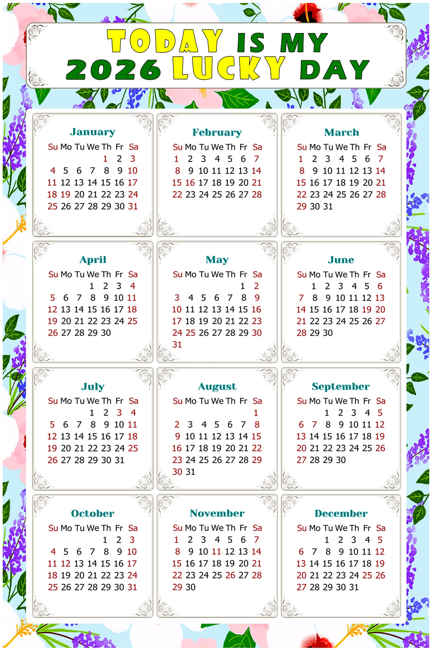 2026 Magnetic Calendar - Calendar Magnets - Today is my Lucky Day - (Fade, Tear, and Water Resistant) - Themed 016