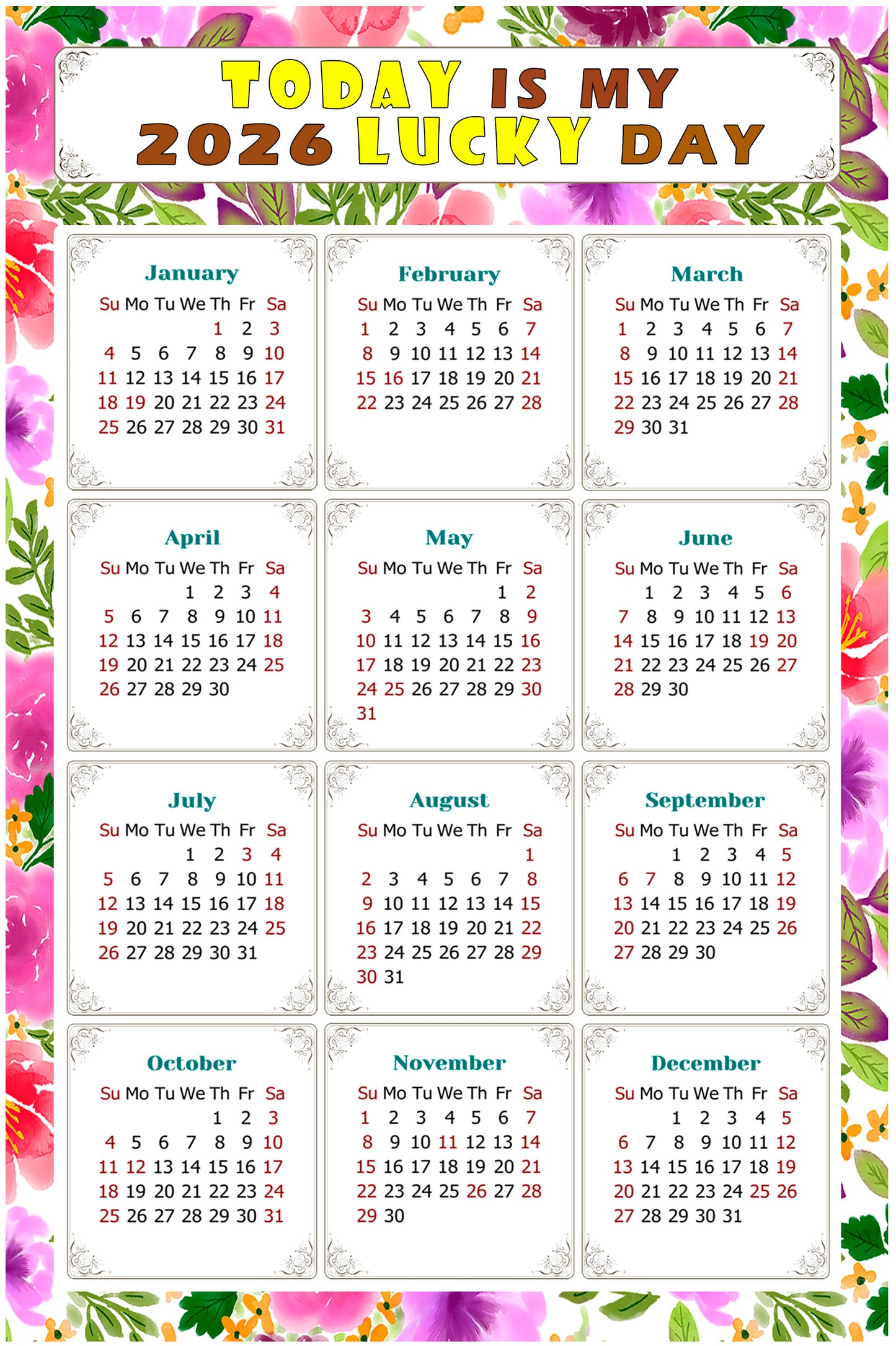 2026 Magnetic Calendar - Calendar Magnets - Today is my Lucky Day - (Fade, Tear, and Water Resistant) - Themed 023