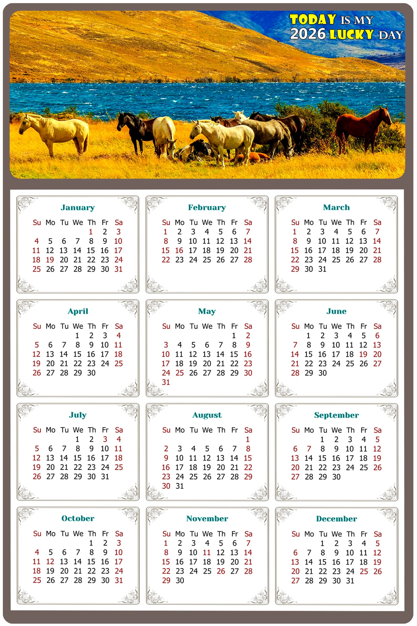 2026 Magnetic Calendar - Calendar Magnets - Today is my Lucky Day - (Fade, Tear, and Water Resistant) - Horses Themed 012