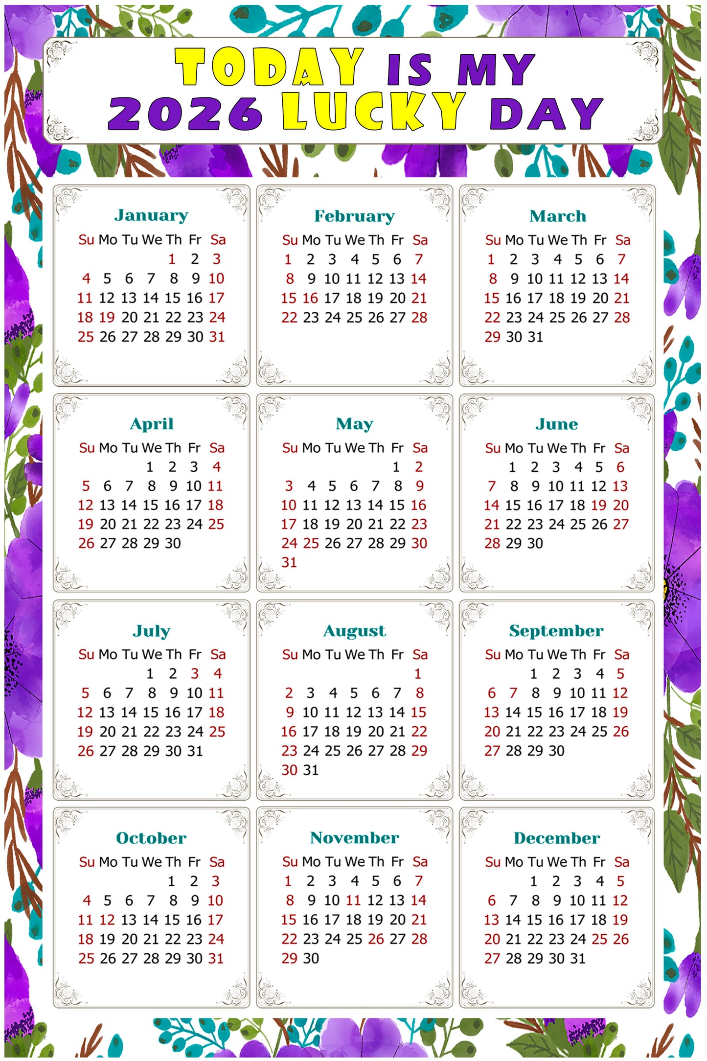 2026 Peel & Stick Calendar - Today is my Lucky Day Removable - 024