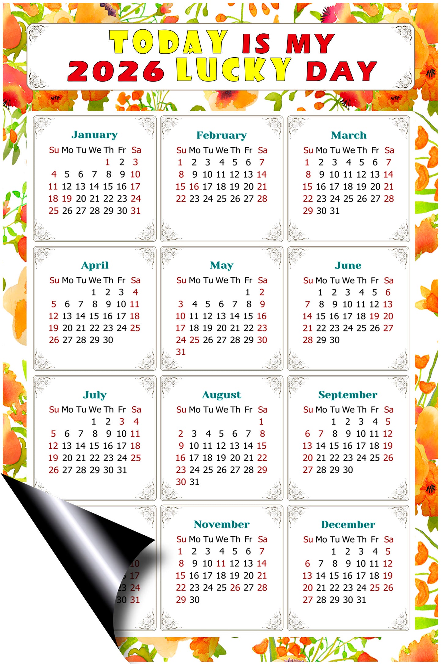 2026 Magnetic Calendar - Calendar Magnets - Today is my Lucky Day - (Fade, Tear, and Water Resistant) - Themed 021