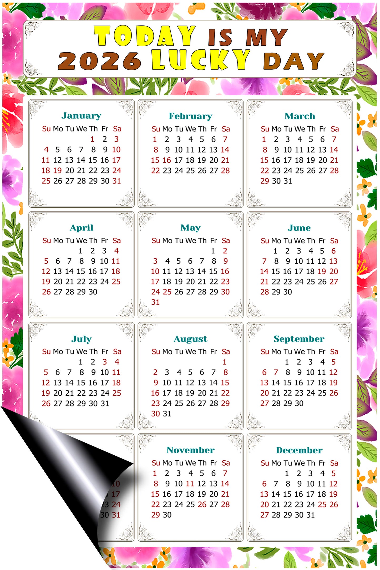 2026 Magnetic Calendar - Calendar Magnets - Today is my Lucky Day - (Fade, Tear, and Water Resistant) - Themed 023
