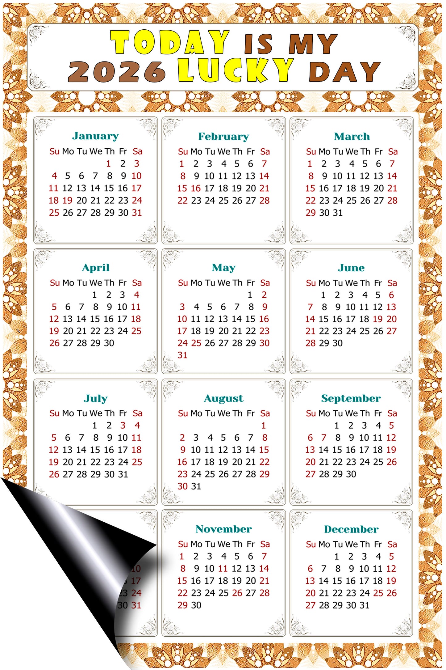 2026 Magnetic Calendar - Calendar Magnets - Today is my Lucky Day - (Fade, Tear, and Water Resistant) - Themed 042