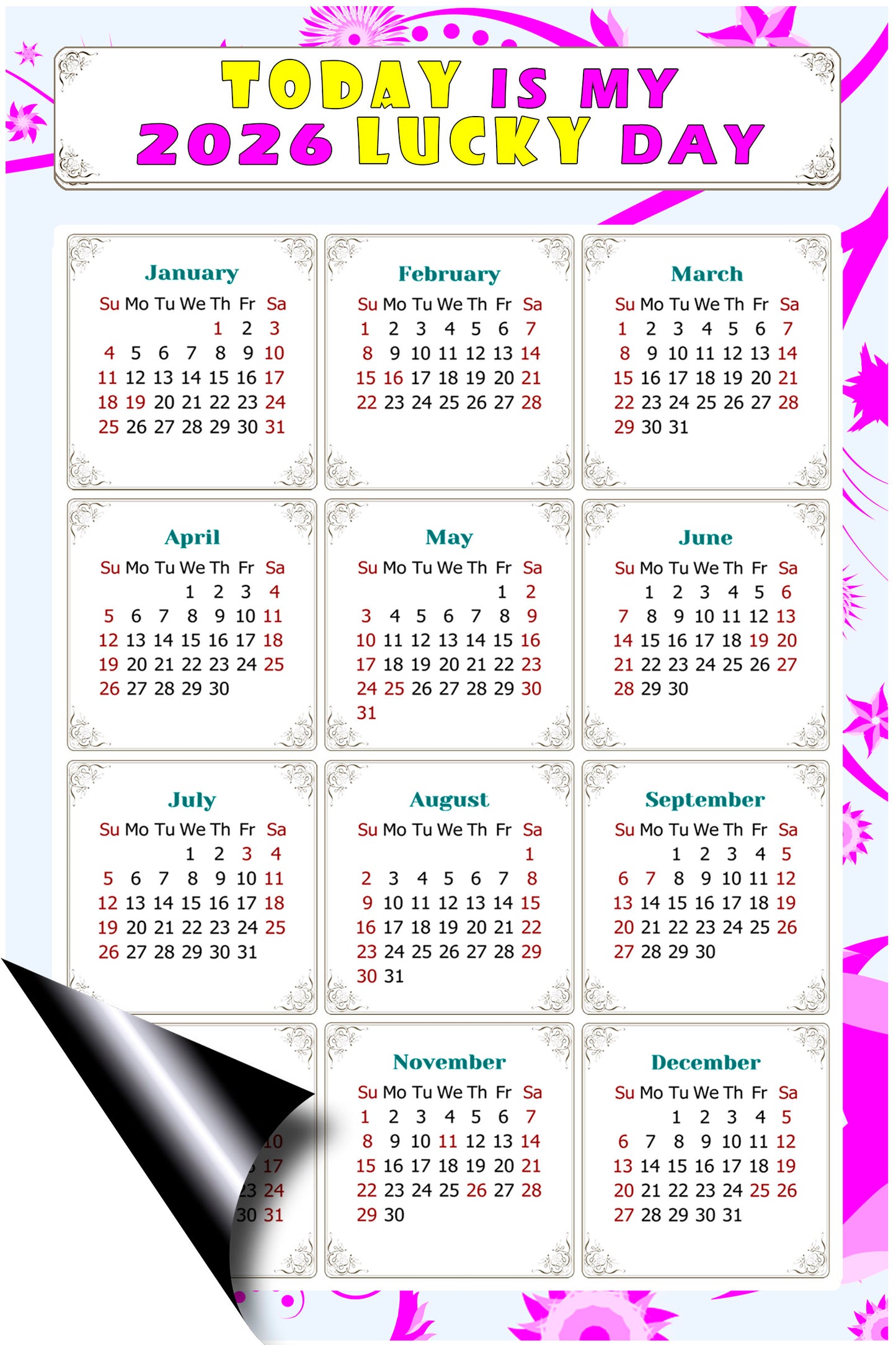 2026 Magnetic Calendar - Calendar Magnets - Today is my Lucky Day - (Fade, Tear, and Water Resistant) - Themed 04
