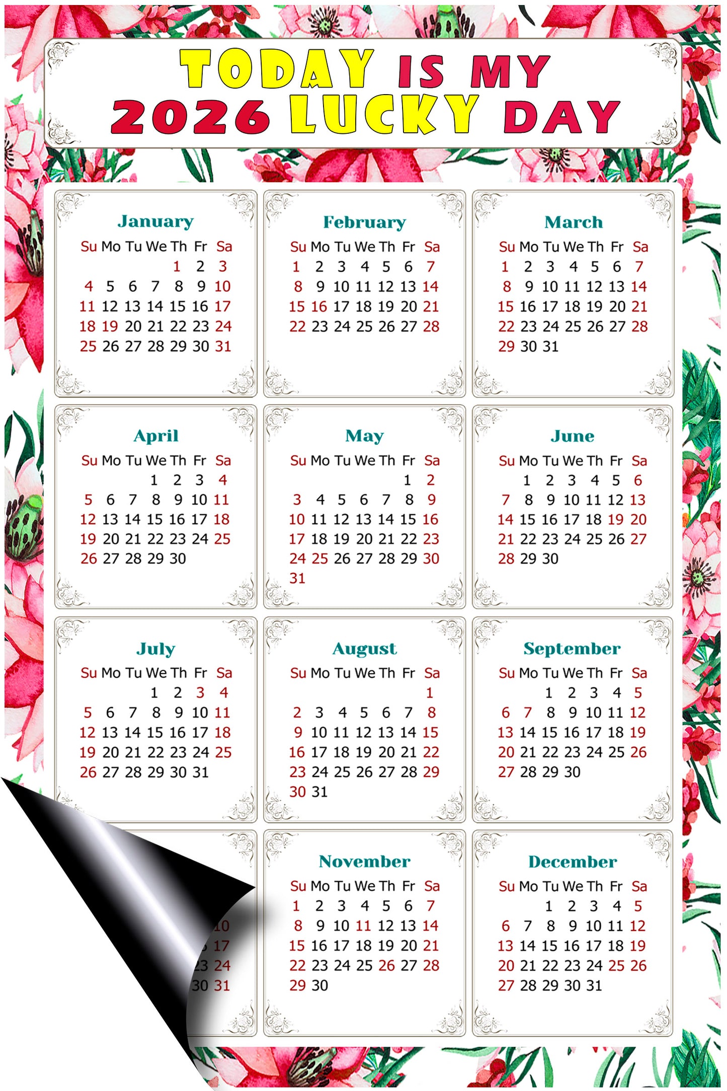 2026 Magnetic Calendar - Calendar Magnets - Today is my Lucky Day - (Fade, Tear, and Water Resistant) - Themed 018