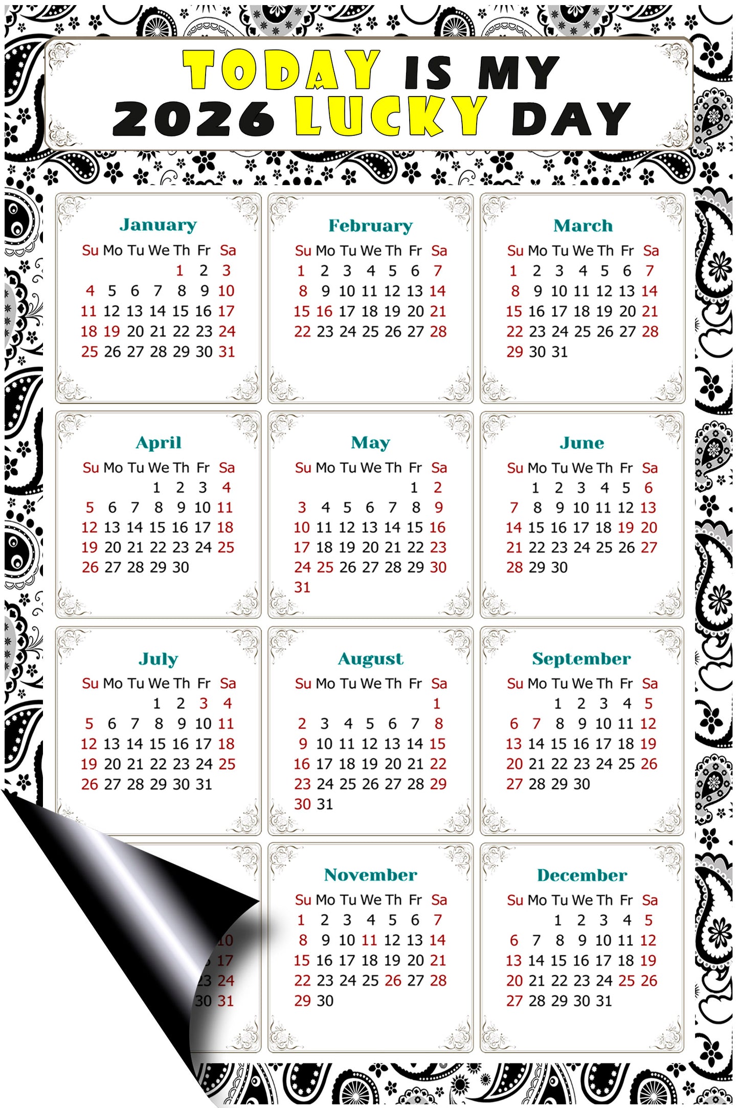 2026 Magnetic Calendar - Calendar Magnets - Today is my Lucky Day - (Fade, Tear, and Water Resistant) - Themed 040