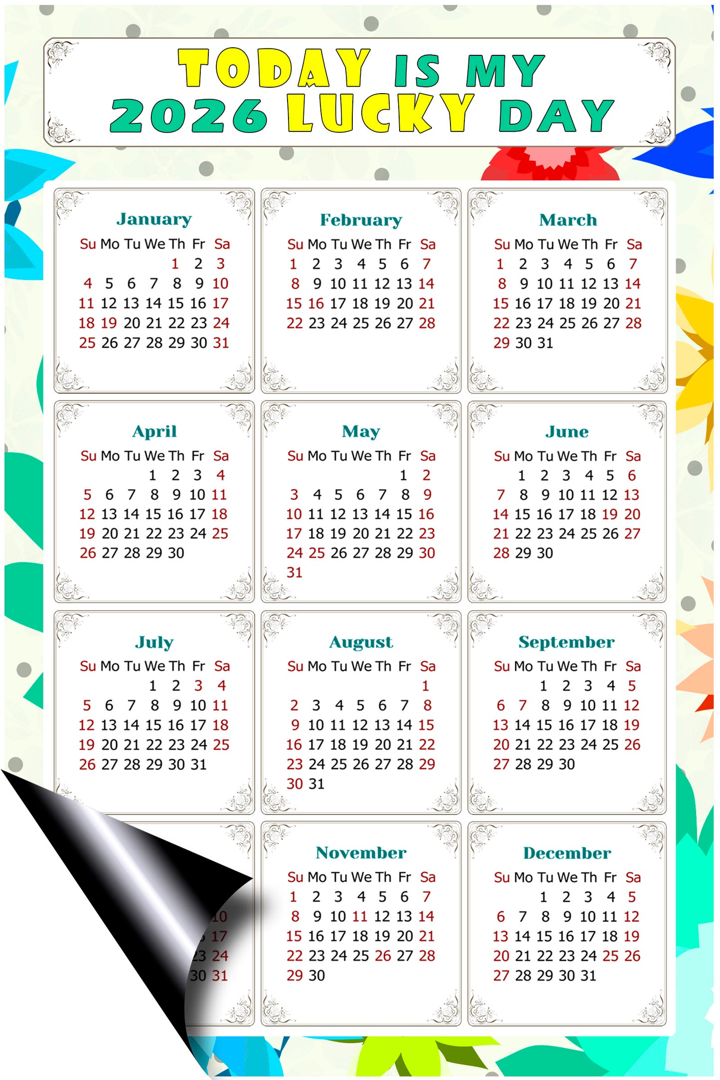 2026 Magnetic Calendar - Calendar Magnets - Today is my Lucky Day - (Fade, Tear, and Water Resistant) - Themed 02