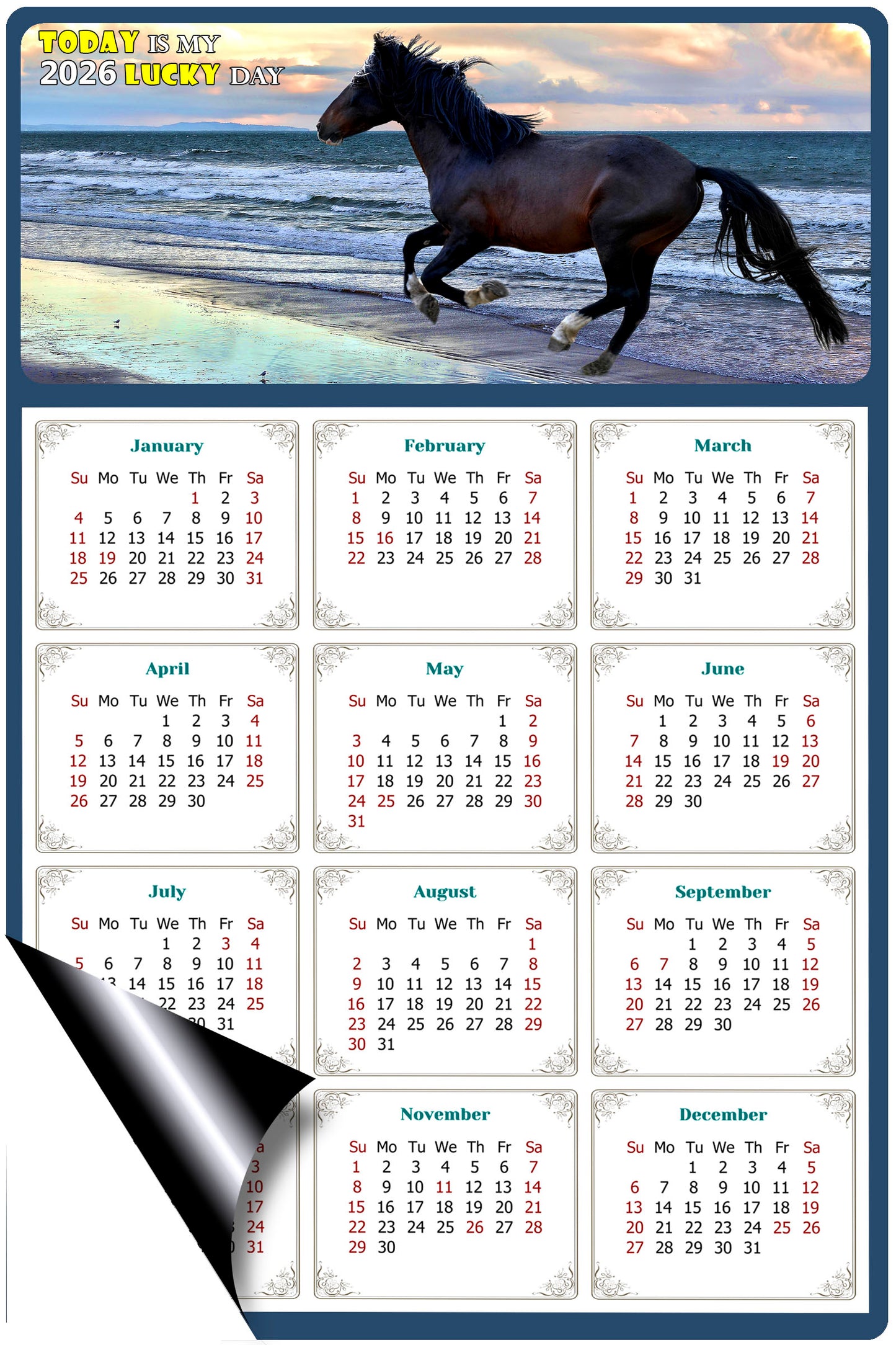 2026 Magnetic Calendar - Calendar Magnets - Today is my Lucky Day - (Fade, Tear, and Water Resistant) - Horses Themed 015