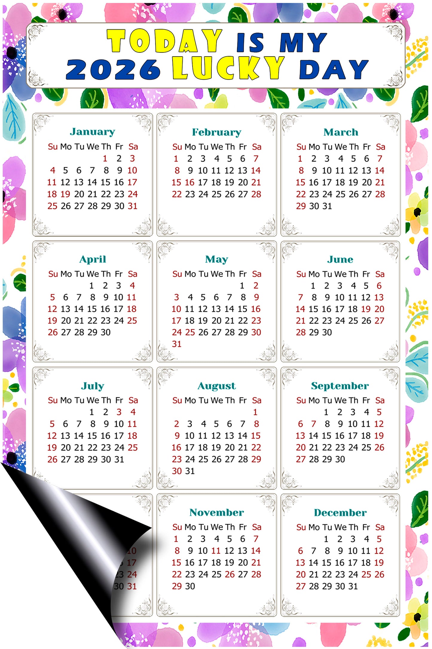 2026 Magnetic Calendar - Calendar Magnets - Today is my Lucky Day - (Fade, Tear, and Water Resistant) - Themed 015