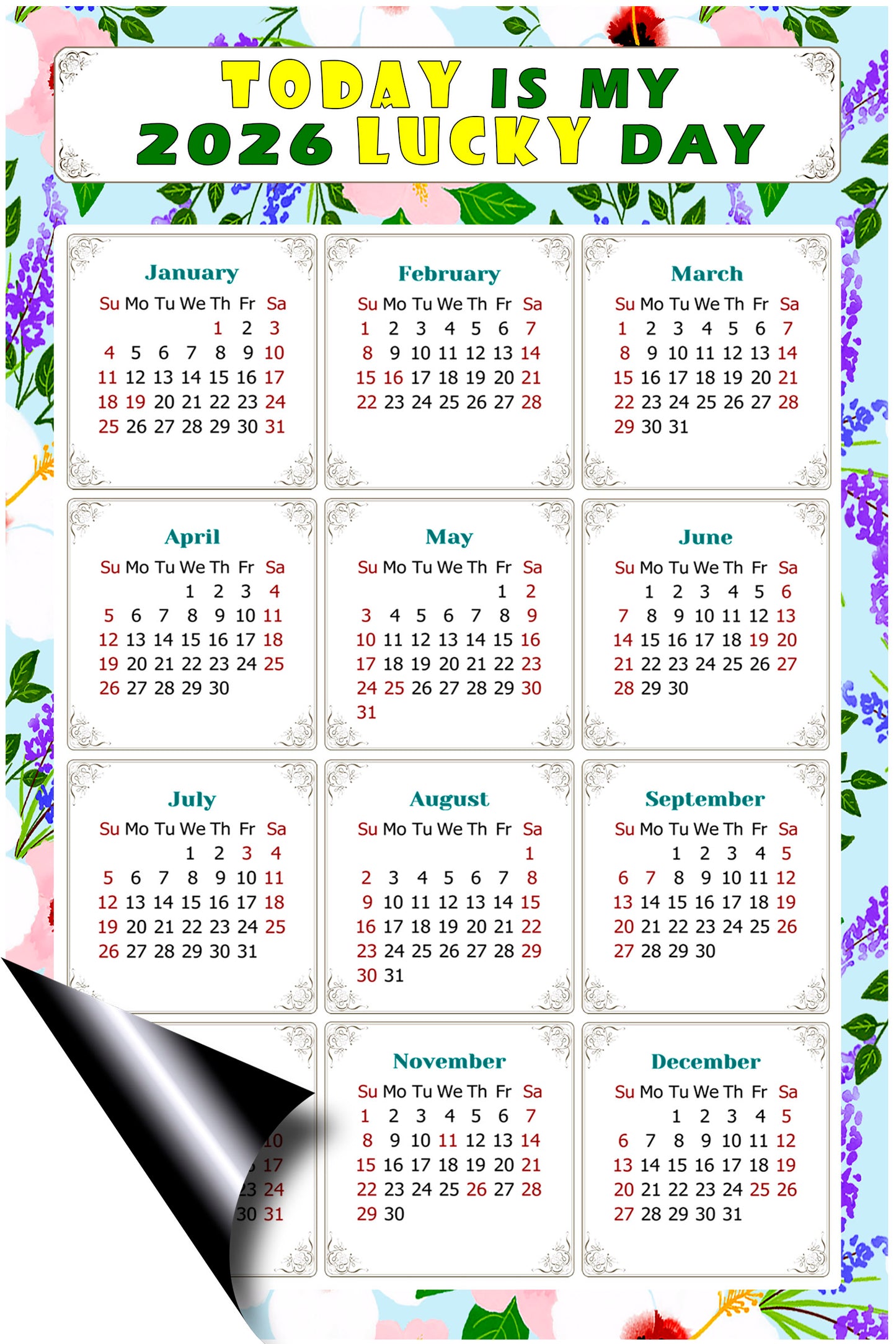 2026 Magnetic Calendar - Calendar Magnets - Today is my Lucky Day - (Fade, Tear, and Water Resistant) - Themed 016