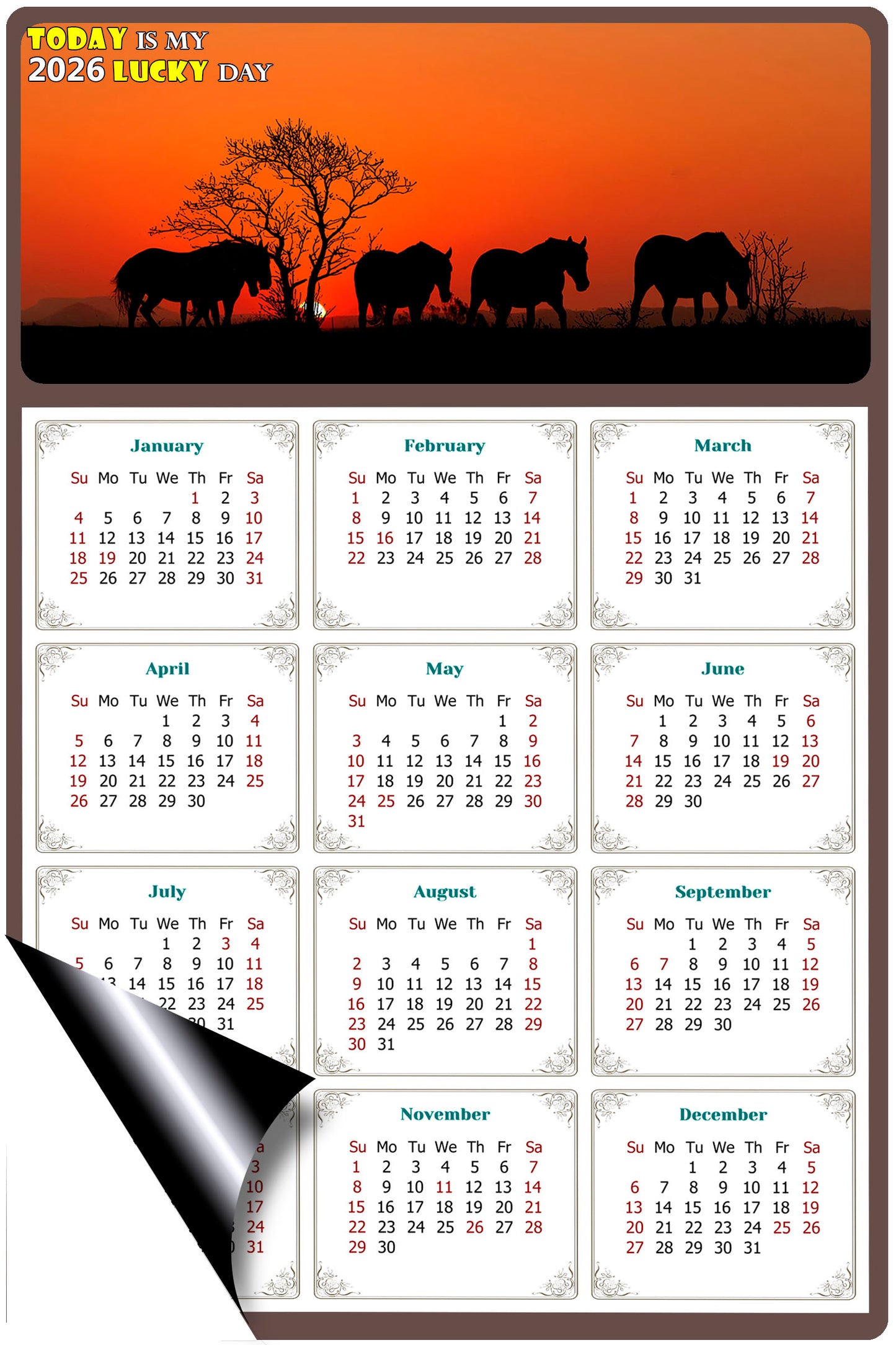2026 Magnetic Calendar - Calendar Magnets - Today is my Lucky Day - (Fade, Tear, and Water Resistant) - Horses Themed 011