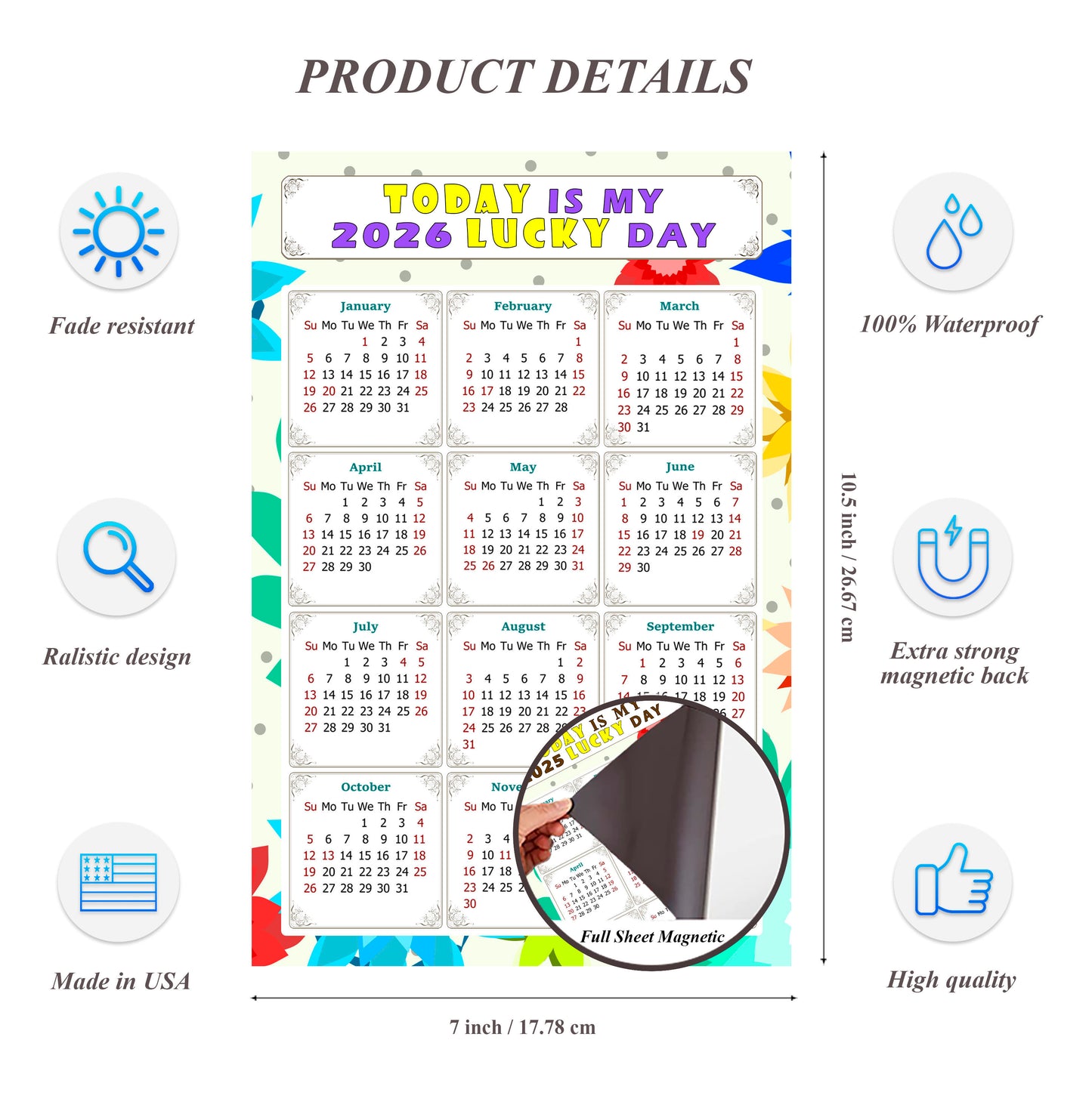 2026 Magnetic Calendar - Calendar Magnets - Today is my Lucky Day - (Fade, Tear, and Water Resistant) - Themed 02