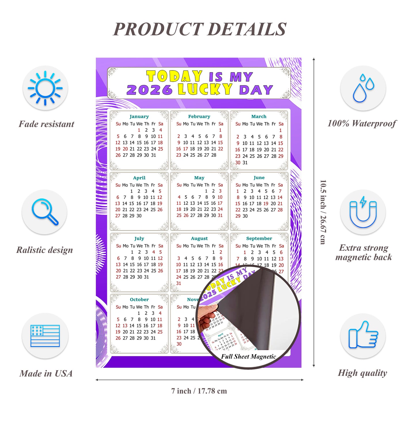 2026 Magnetic Calendar - Calendar Magnets - Today is my Lucky Day - (Fade, Tear, and Water Resistant) - Themed 01