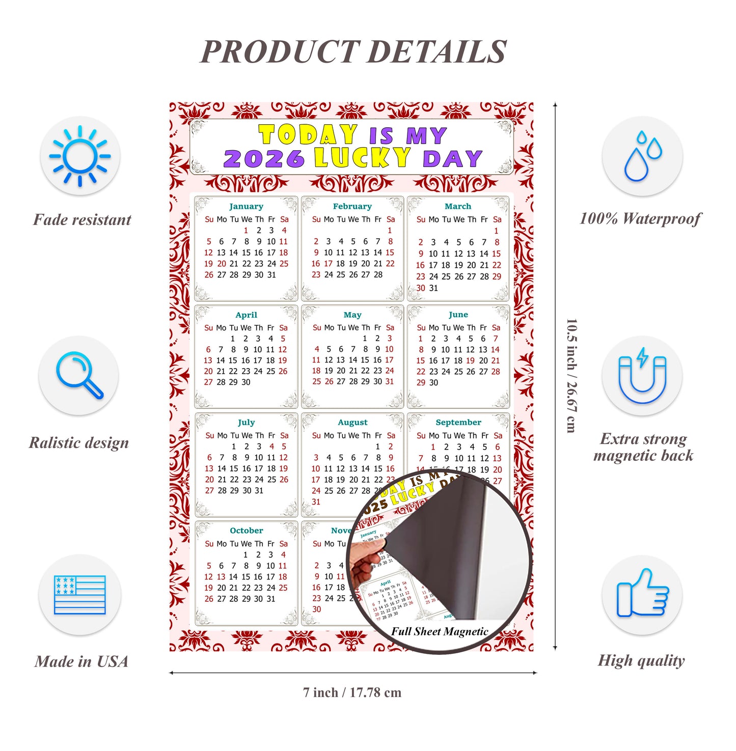 2026 Magnetic Calendar - Calendar Magnets - Today is my Lucky Day - (Fade, Tear, and Water Resistant) - Themed 03