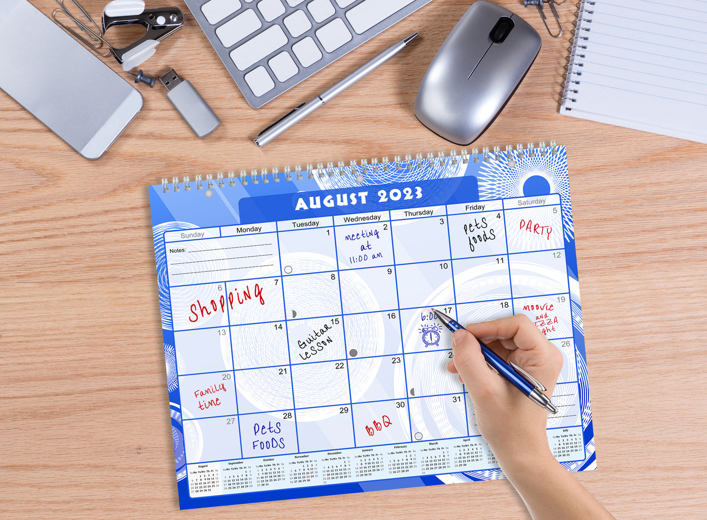 2023-2024 Academic Year 12 Months Student Calendar/Planner for Wall & Desk & 3-Ring Binder, for School, Teacher, Student (Blue Fractal Edition #013)