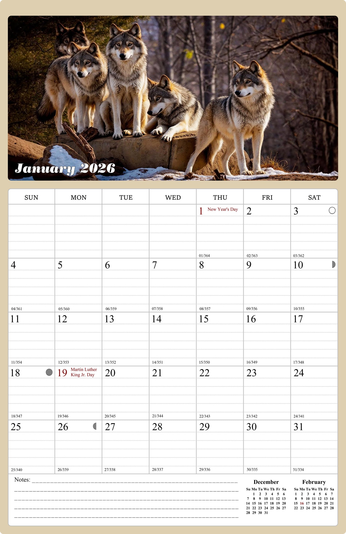 2026 Wall Calendar Spiral-bound Twin-Wire Binding - 12 Months Planner - Large Ruled Blocks with Julian Dates - (Woolfs)