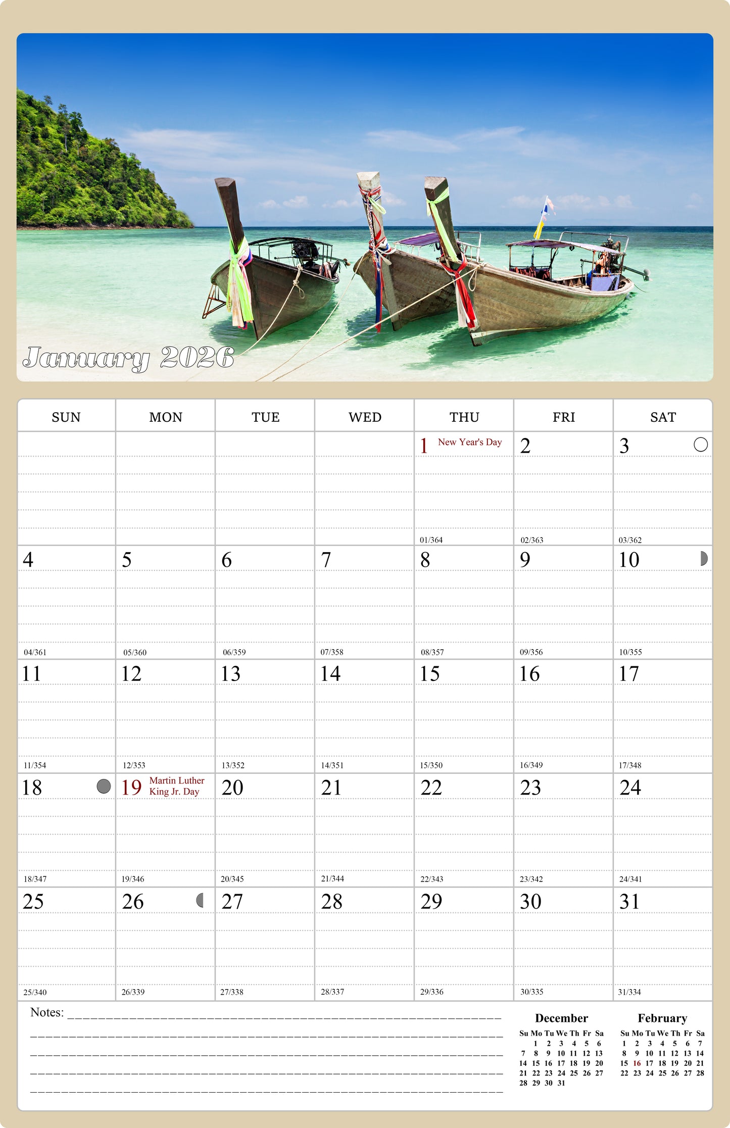 2025 - 2026 Wall Calendar Spiral-bound Twin - 18 Months (Beaches) 11" x 17"