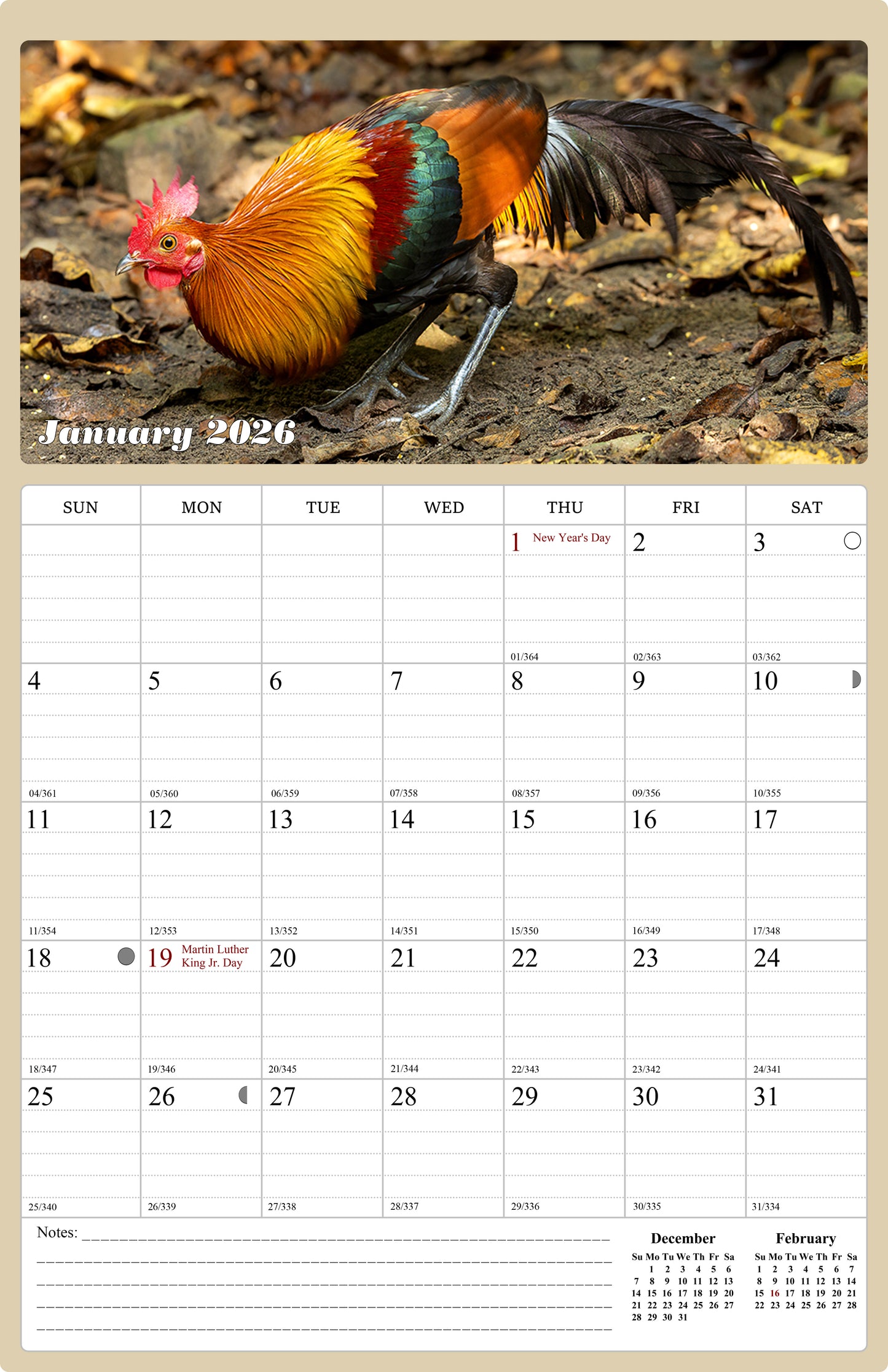 2026 Wall Calendar Spiral-bound Twin-Wire Binding - 12 Months Planner - Large Ruled Blocks with Julian Dates - (Roosters)