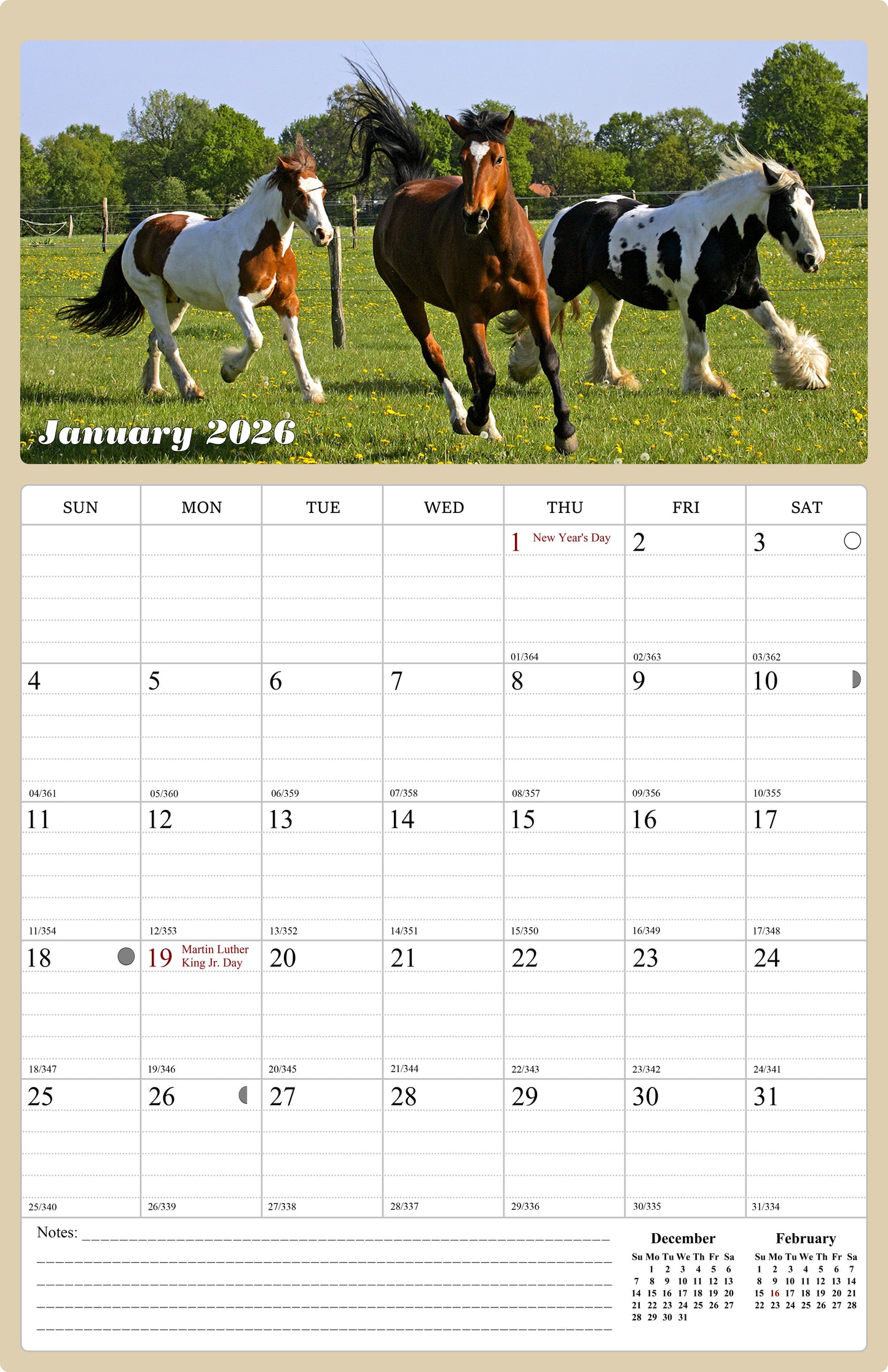 2025 - 2026 Wall Calendar Spiral-bound Twin - 18 Months (Horses) 11" x 17"