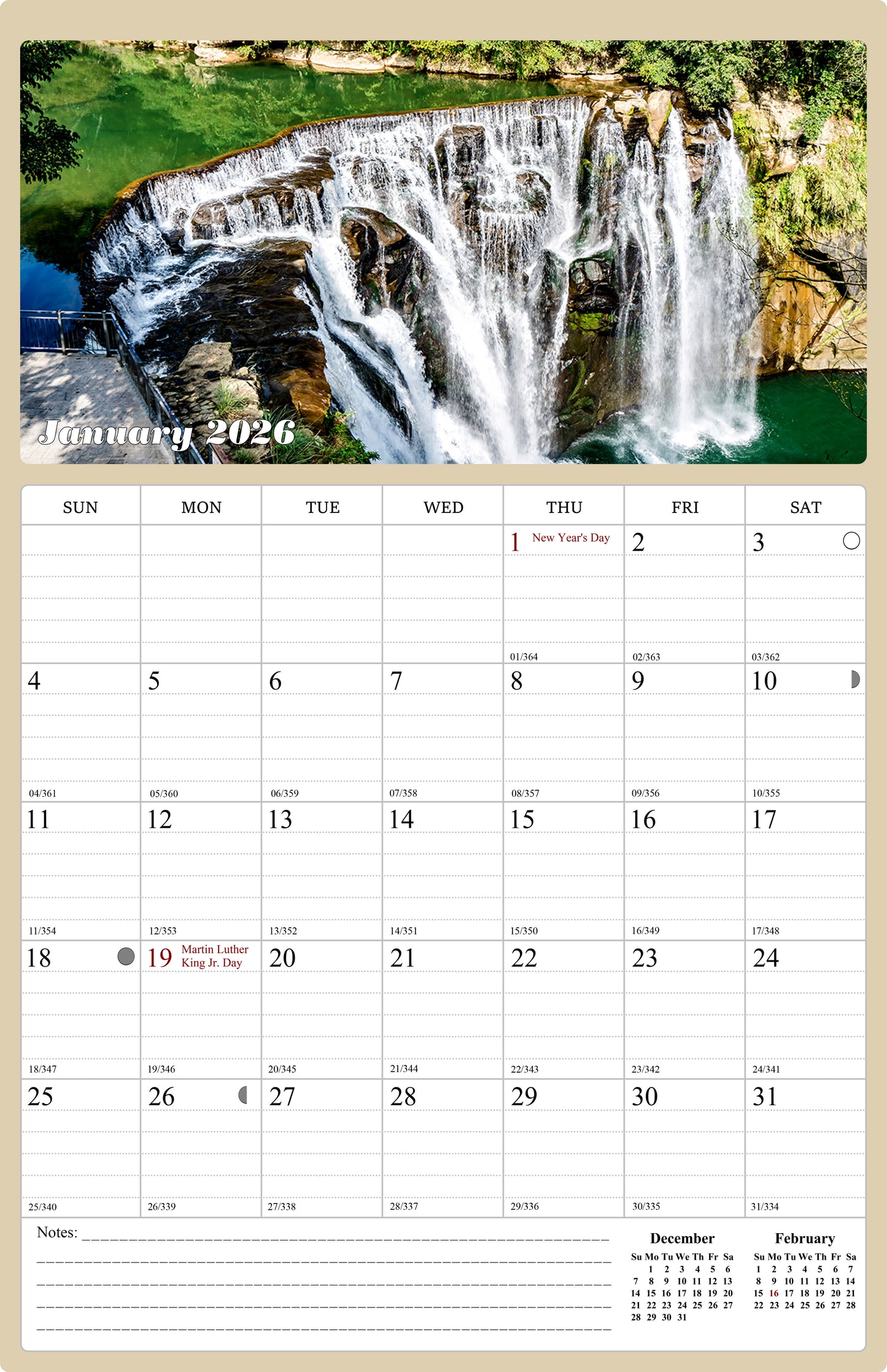 2026 Wall Calendar Spiral-bound Twin-Wire Binding - 12 Months Planner - Large Ruled Blocks with Julian Dates - (Waterfalls)