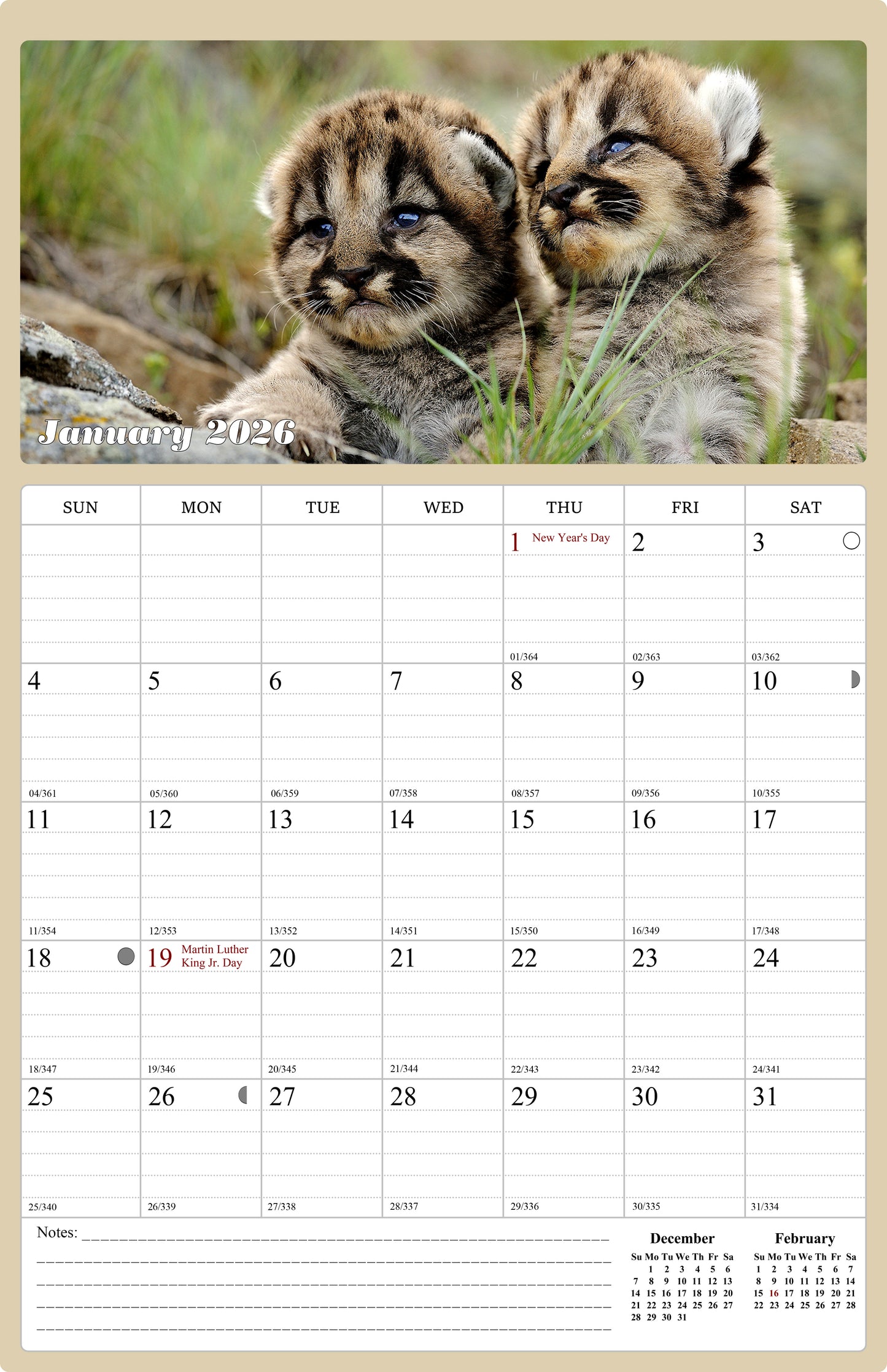 2026 Wall Calendar Spiral-bound Twin-Wire Binding - 12 Months Planner - Large Ruled Blocks with Julian Dates - (Baby Animals)