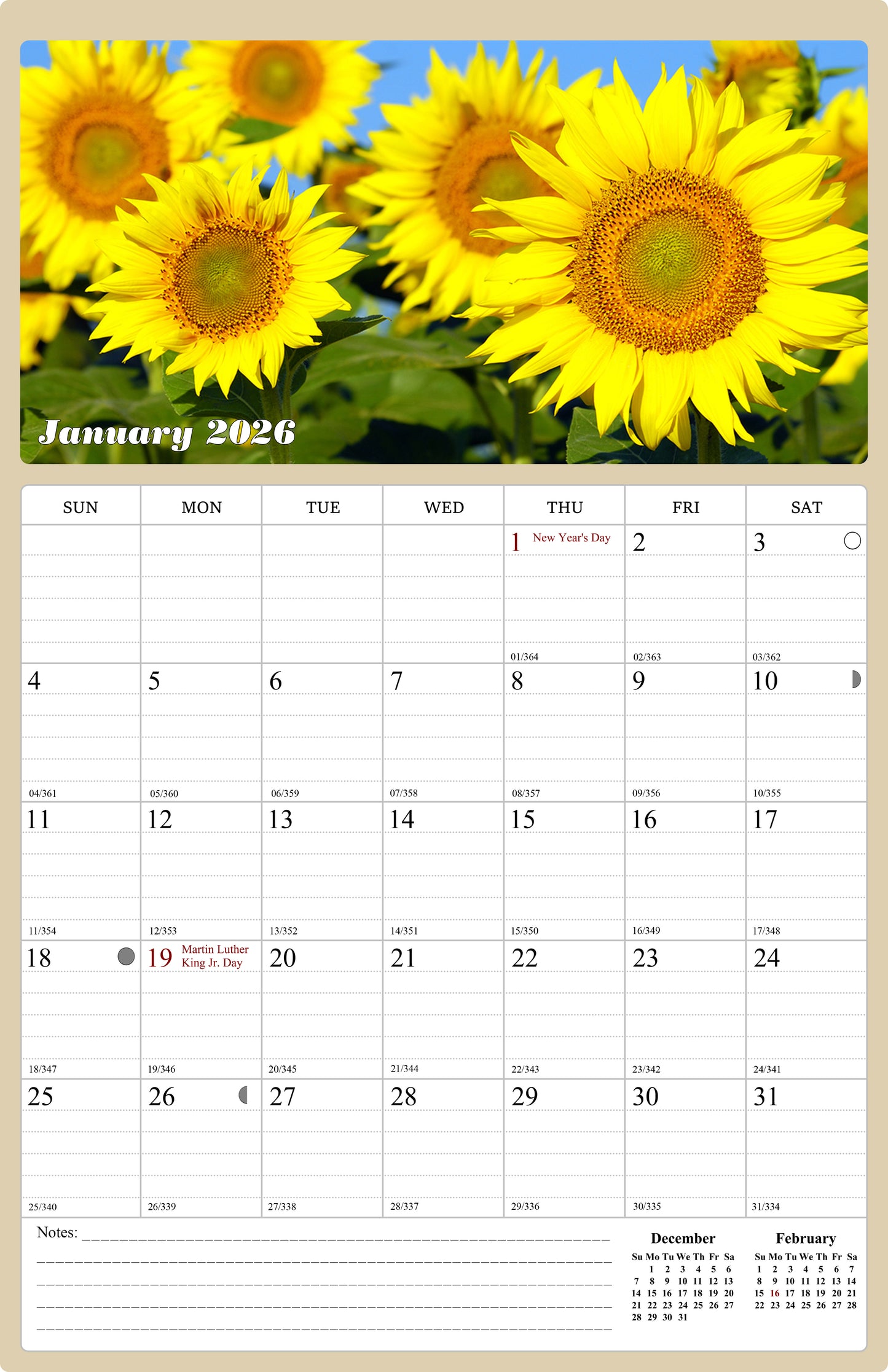 2025 - 2026 Wall Calendar Spiral-bound Twin - 18 Months (Sunflowers) 11" x 17"