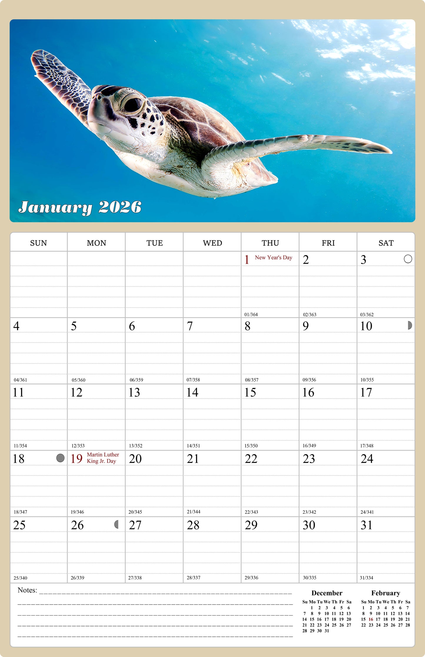 2026 Wall Calendar Spiral-bound Twin-Wire Binding - 12 Months Planner - Large Ruled Blocks with Julian Dates - (Turtles)
